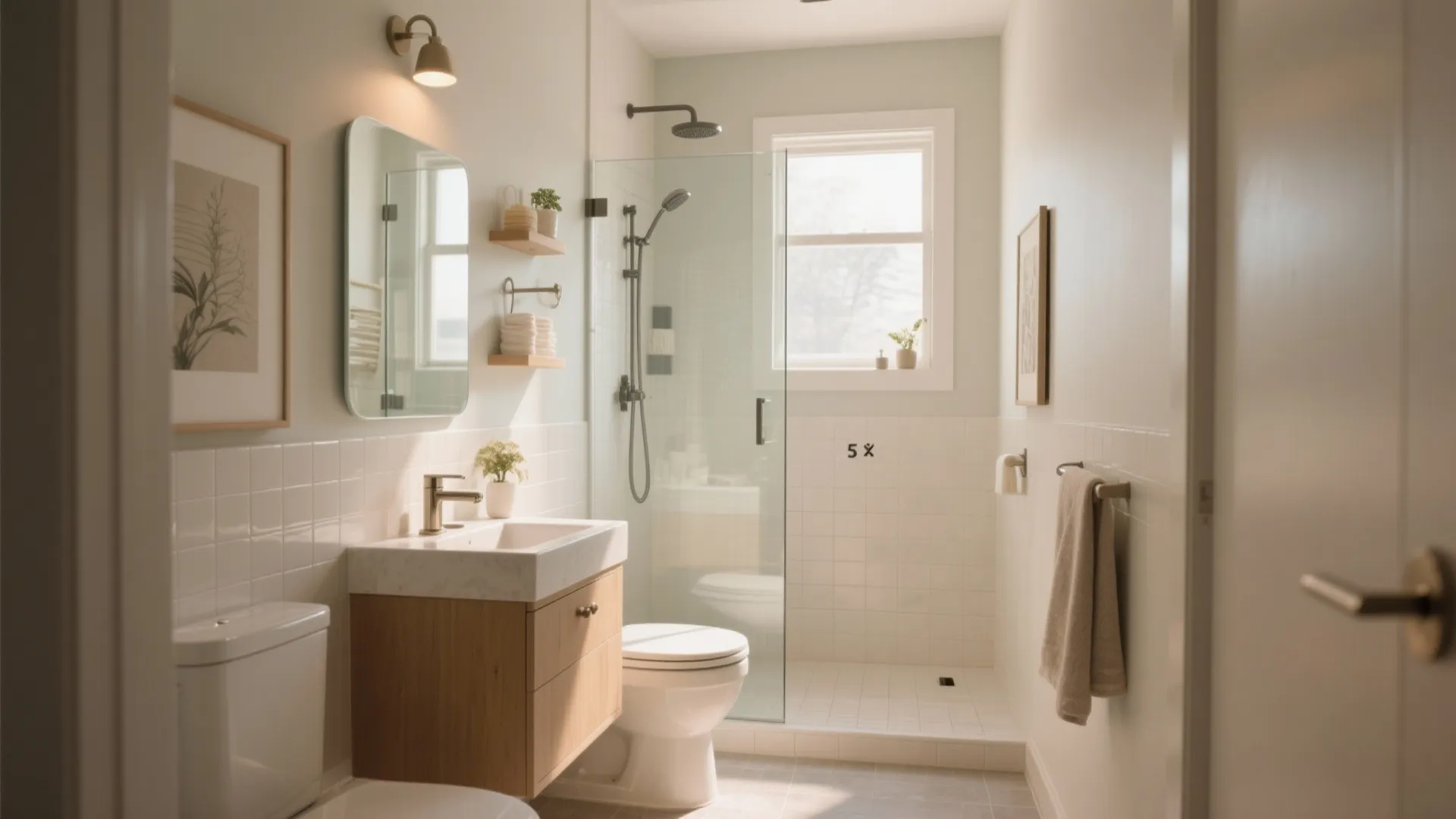 Modern small bathroom design with wooden cabinet white sink toilet glass shower and natural light