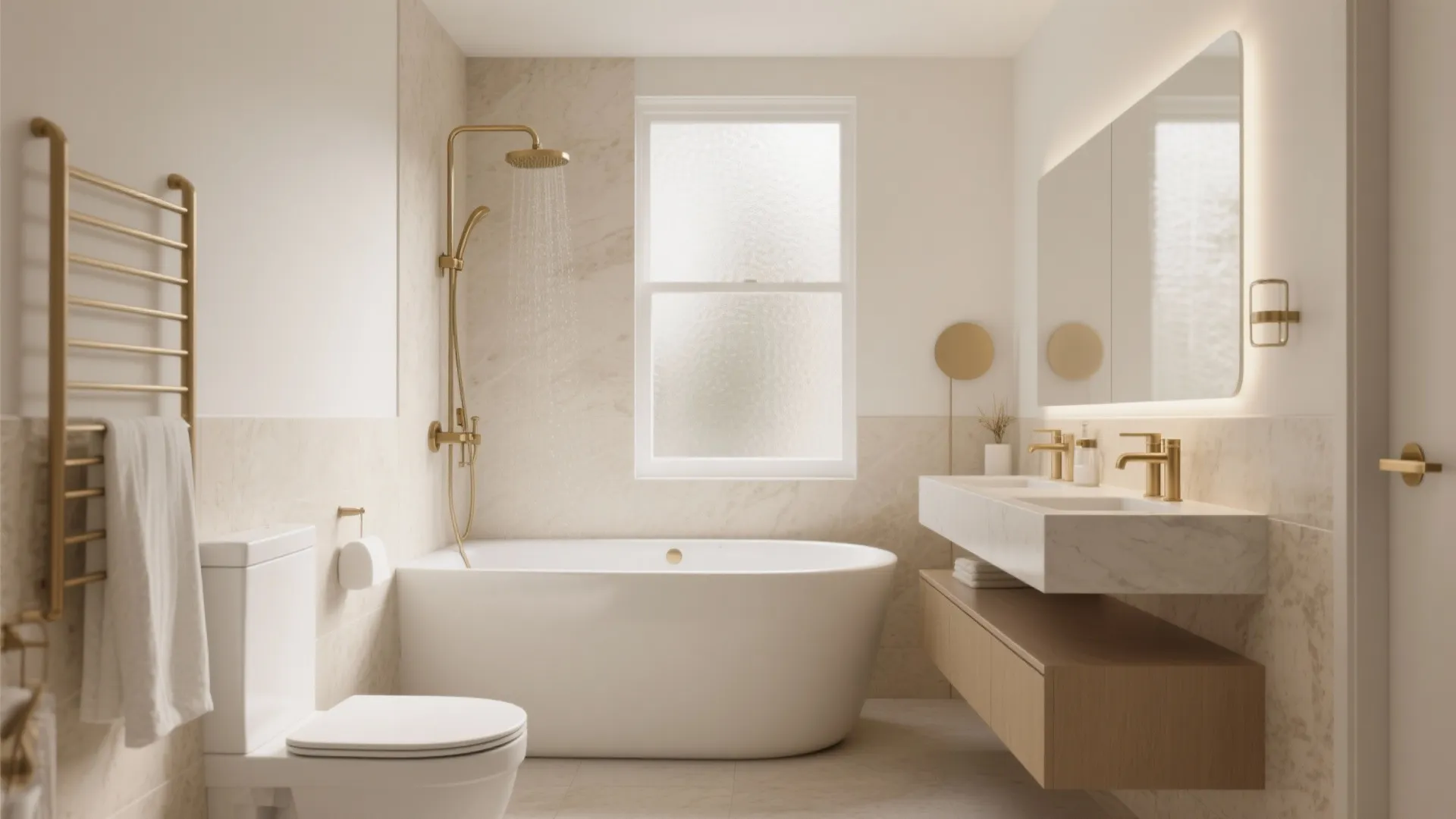 Modern bathroom featuring white bathtub gold shower head wooden cabinet marble sink large mirror and toilet
