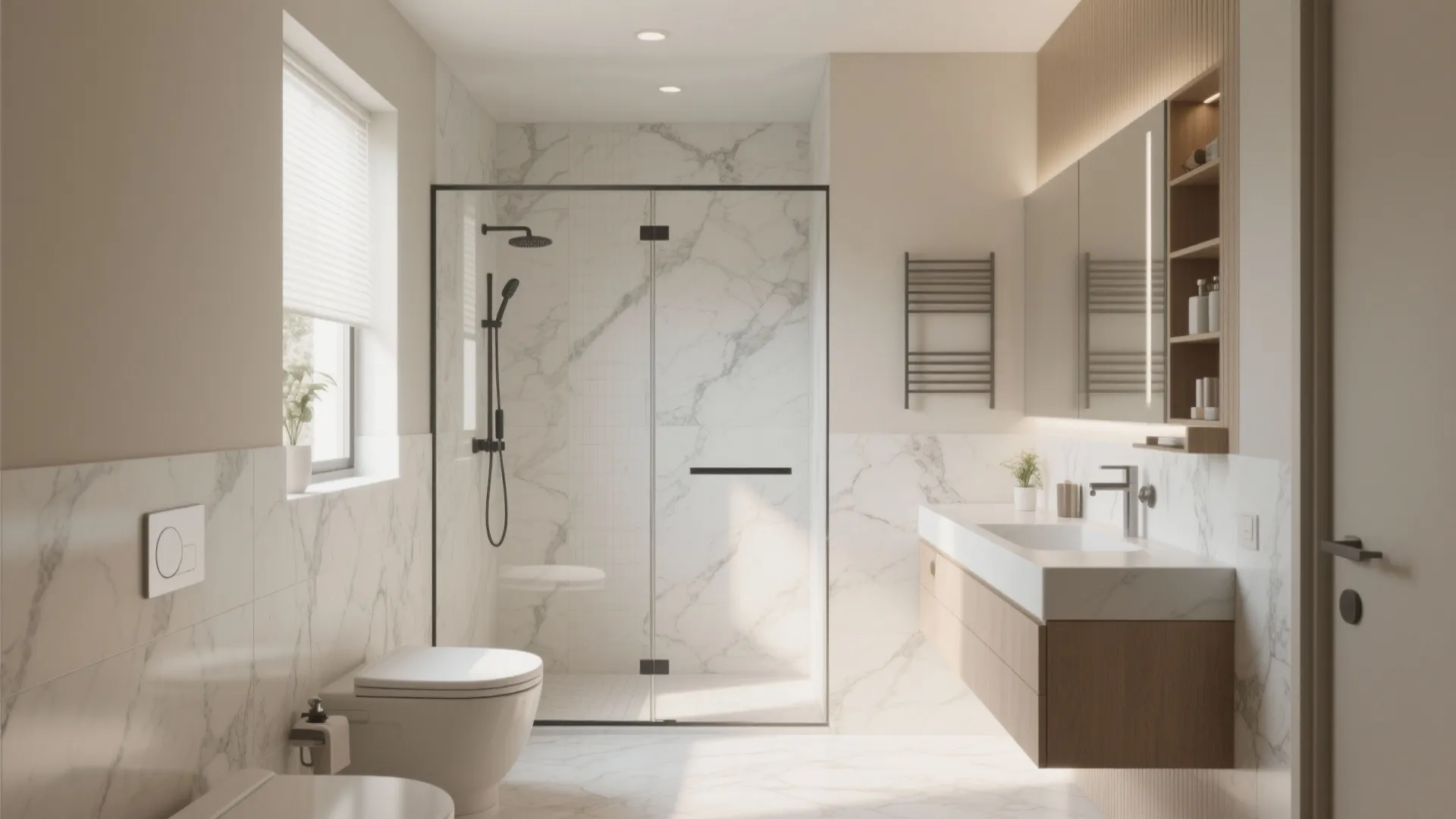 Modern bathroom with marble wall tiles and a glass shower door plus a wooden vanity cabinet