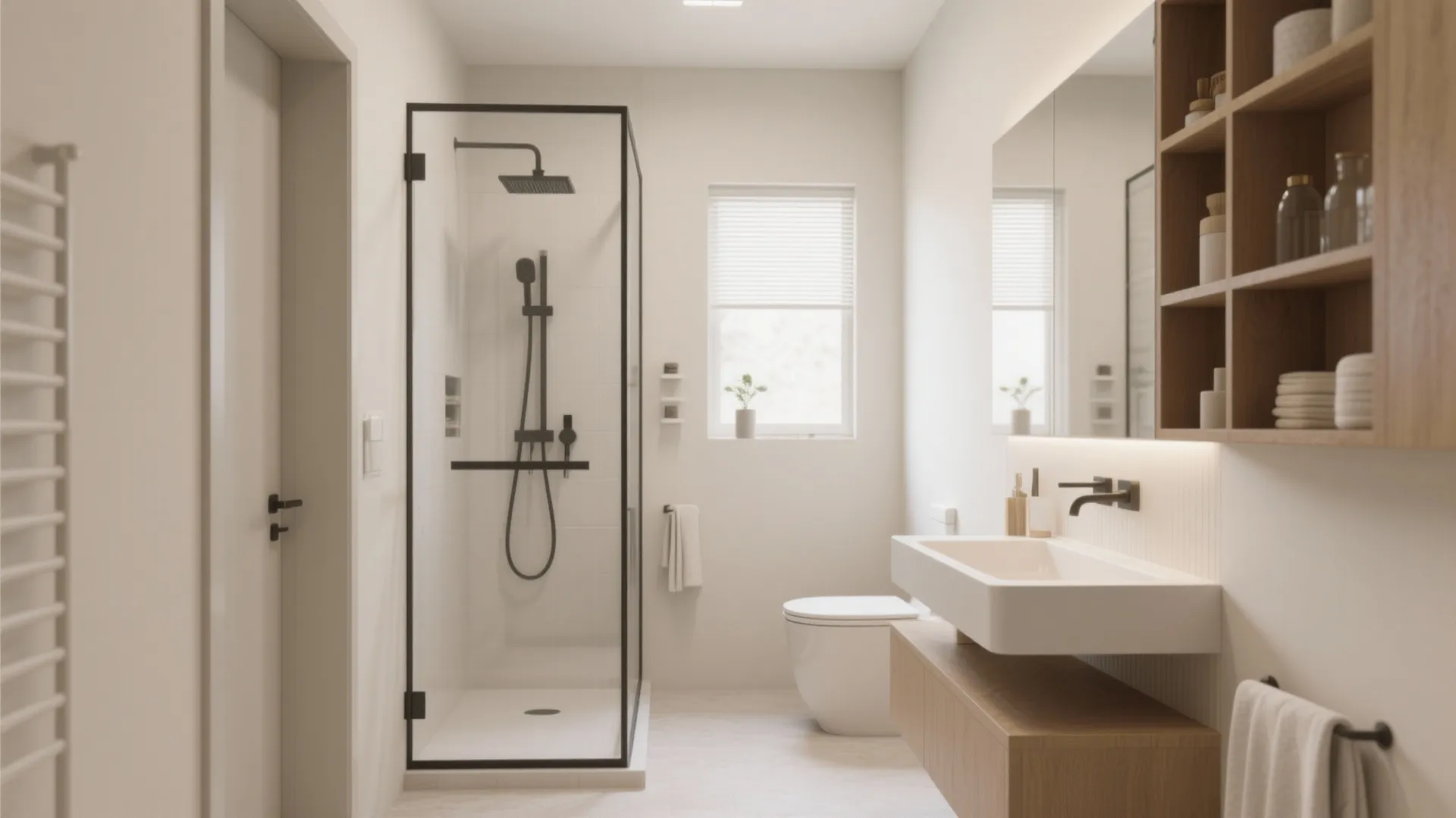 Clean white bathroom with glass shower stall wooden cabinet sink mirror window and black fixtures