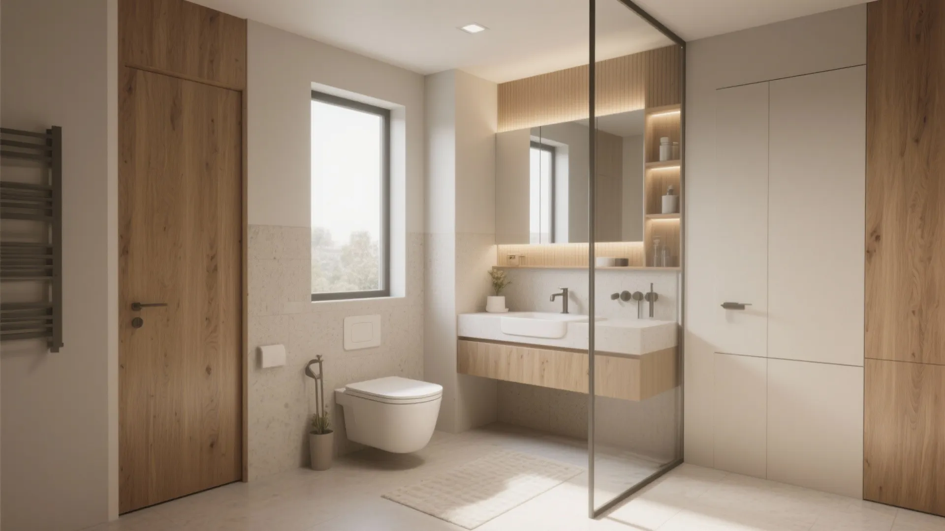 Clean interior design drawing of a bathroom with wooden door white toilet and glass shower