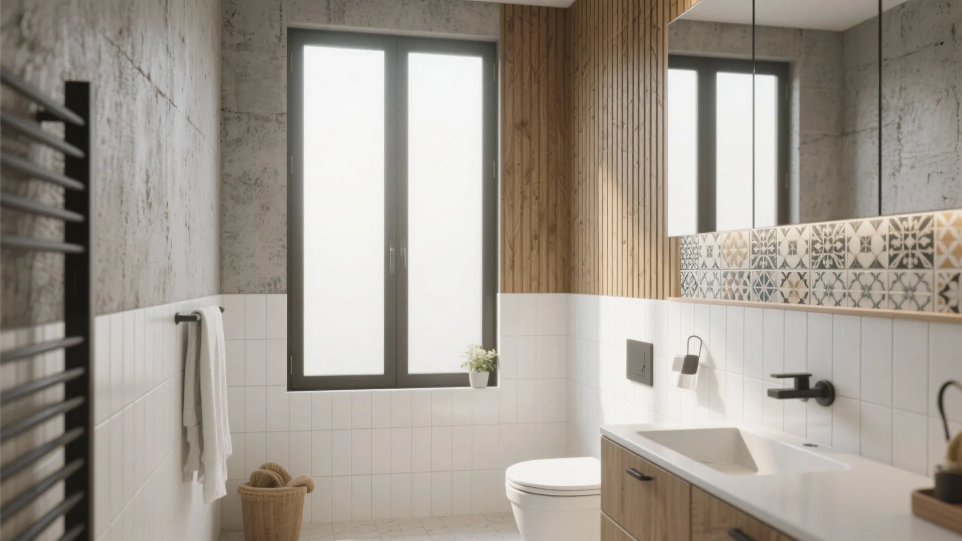 Small bathroom featuring white wall tiles wood panels patterned wall details sink and large bright window