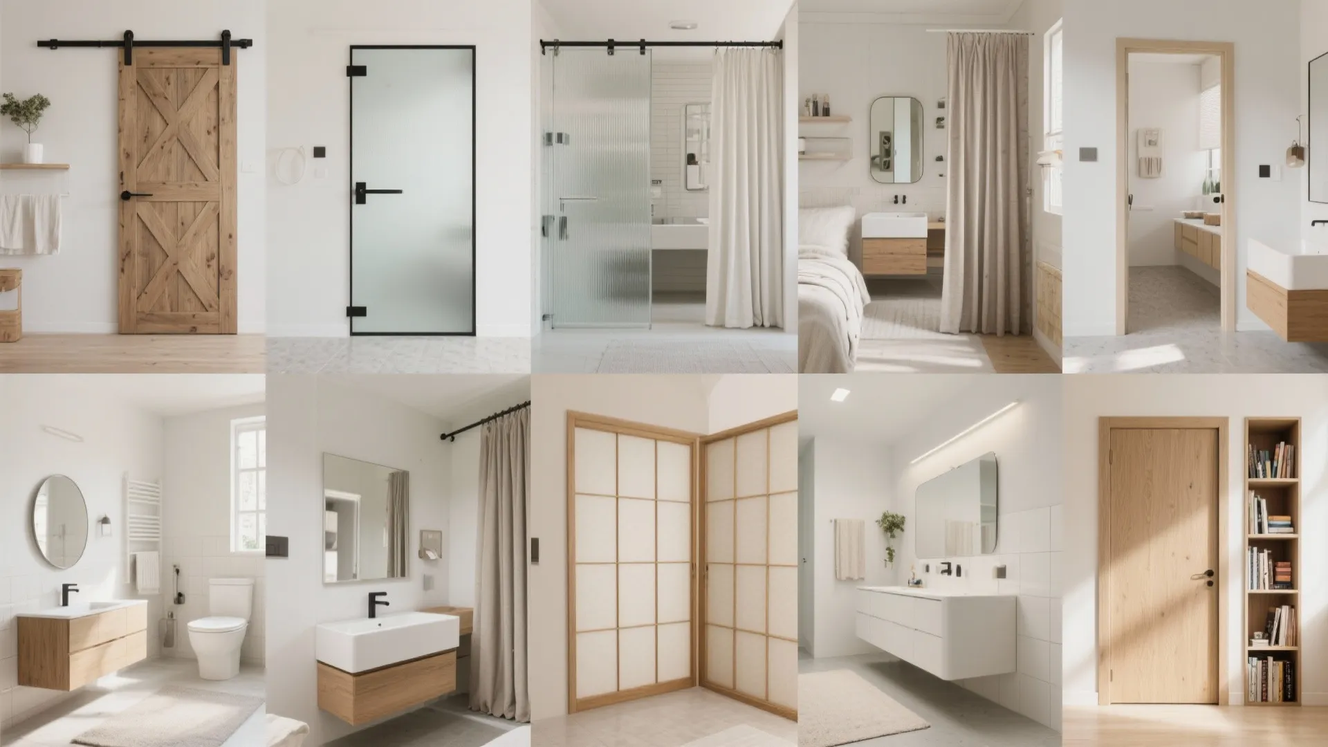 Collage of different bathroom door styles including sliding wood glass and folding screen door designs