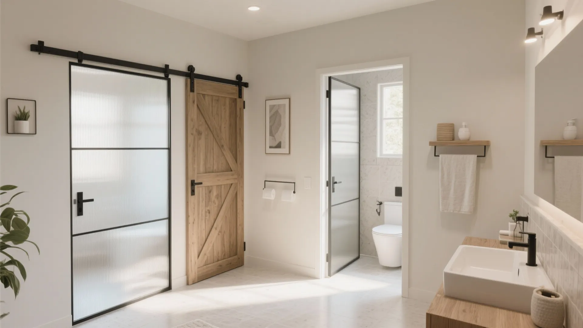 Bright bathroom featuring wooden sliding barn door glass panel door white sink and wall lights