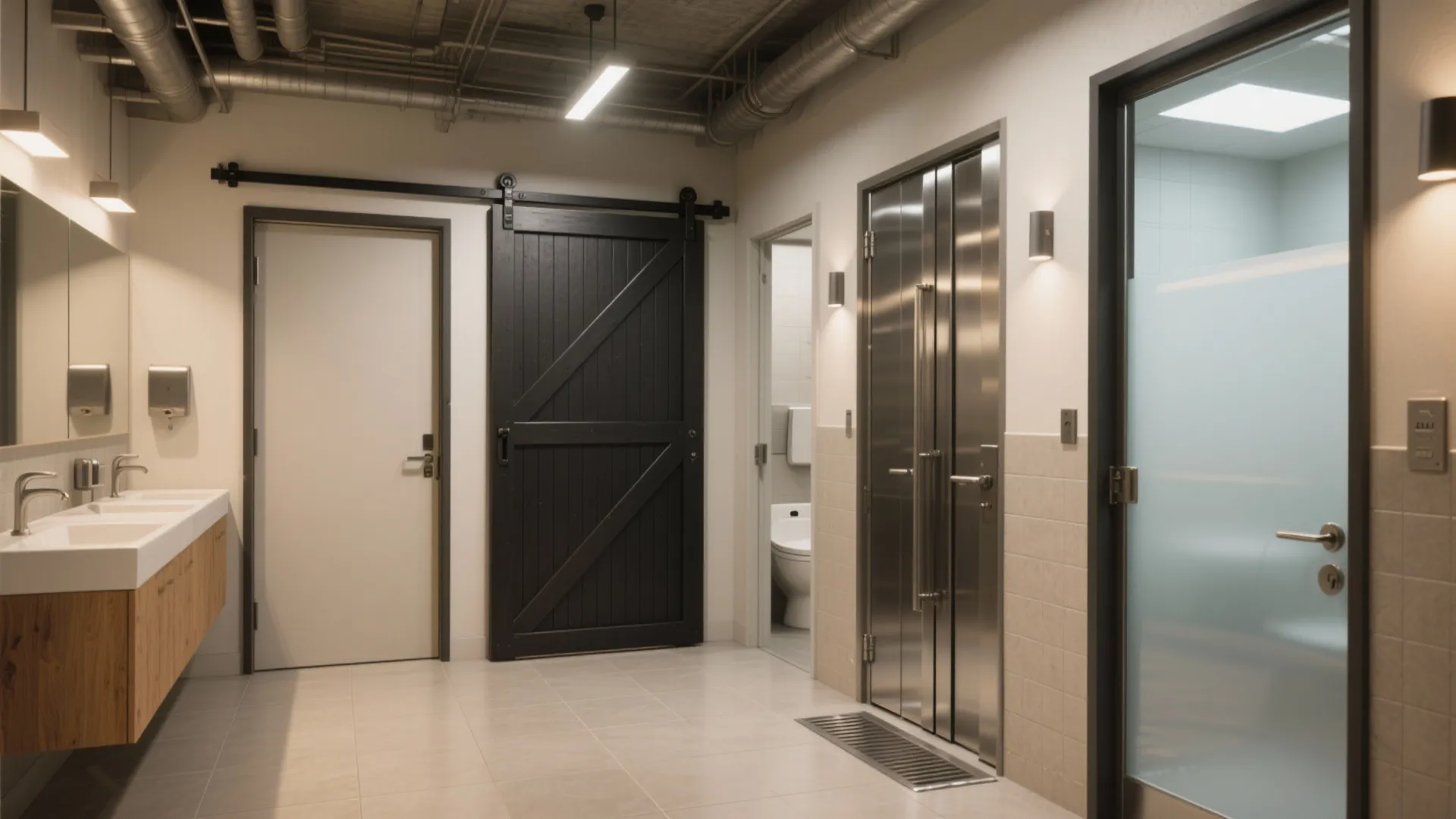 Modern commercial bathroom interior with black sliding barn door white sinks and metal stall doors
