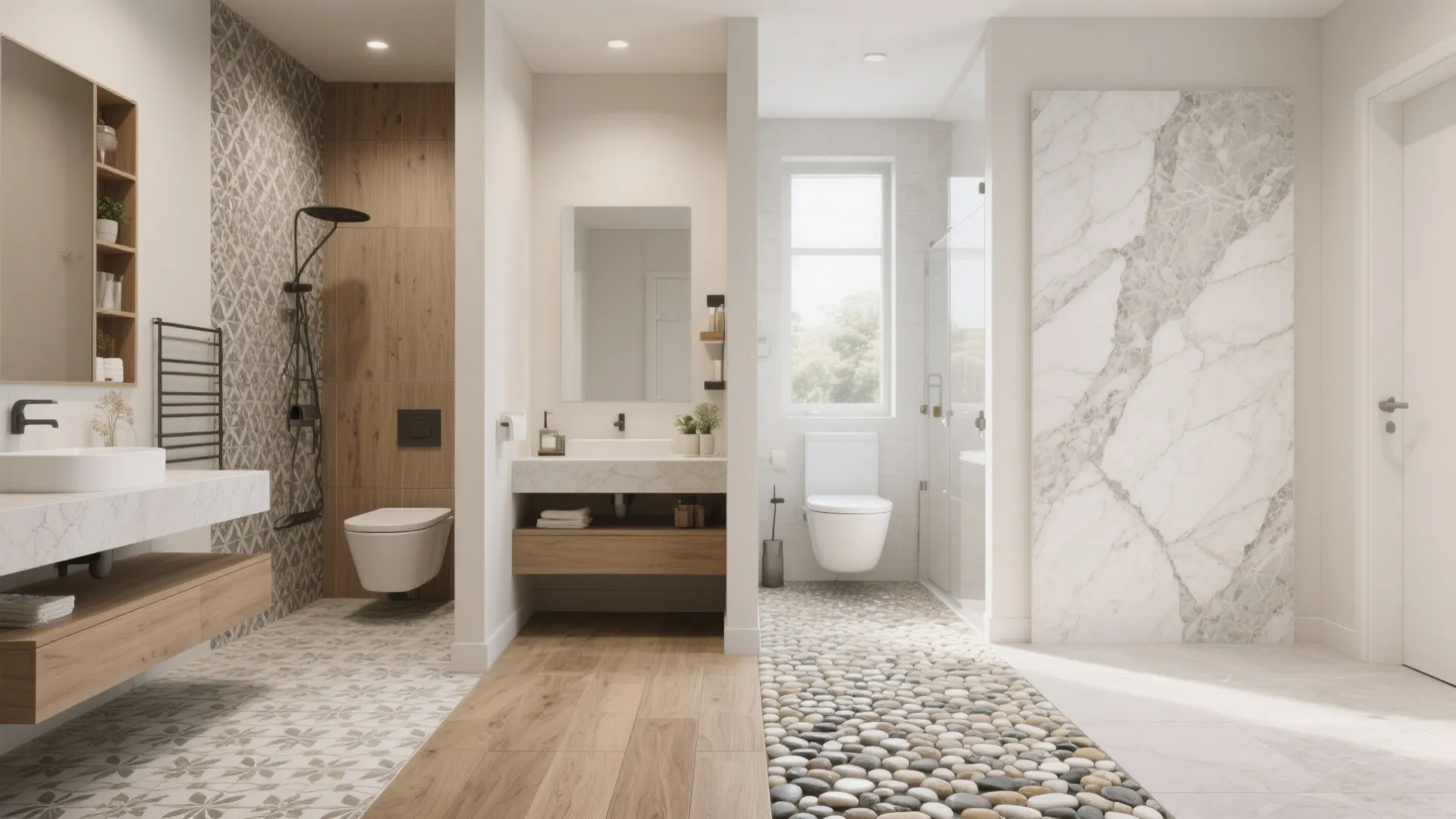 Modern bathroom with stone floor pattern and wooden floor and white toilet and shower area