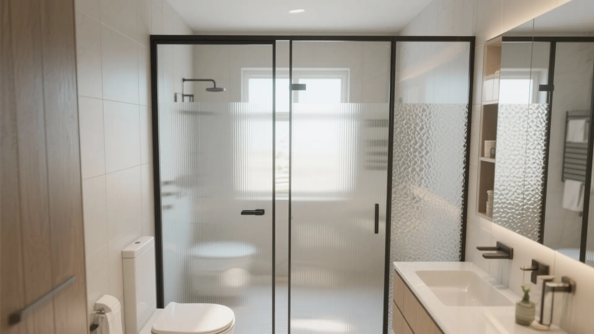 Bathroom interior design with frosted glass shower screen, white toilet, wooden vanity, and black hardware details