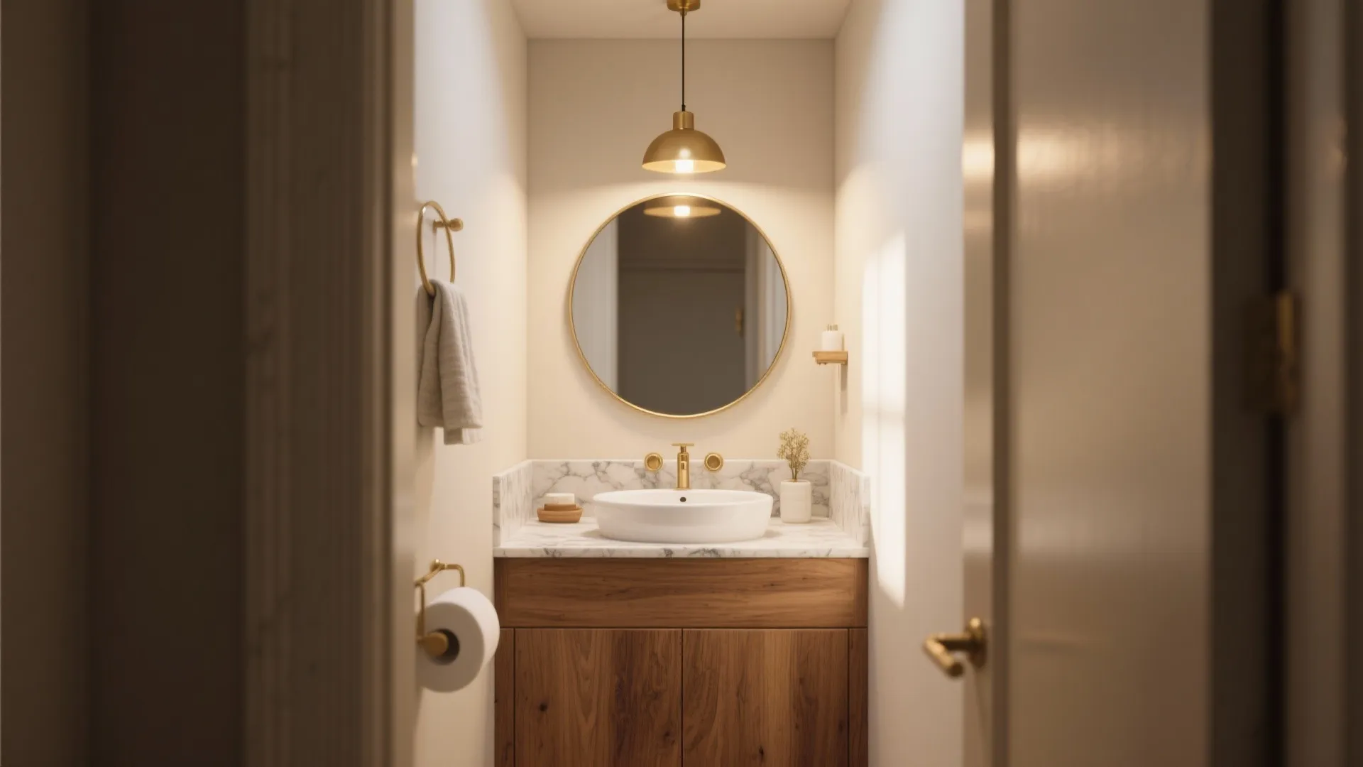 Small bathroom with a round mirror gold ceiling light marble counter and a dark cabinet
