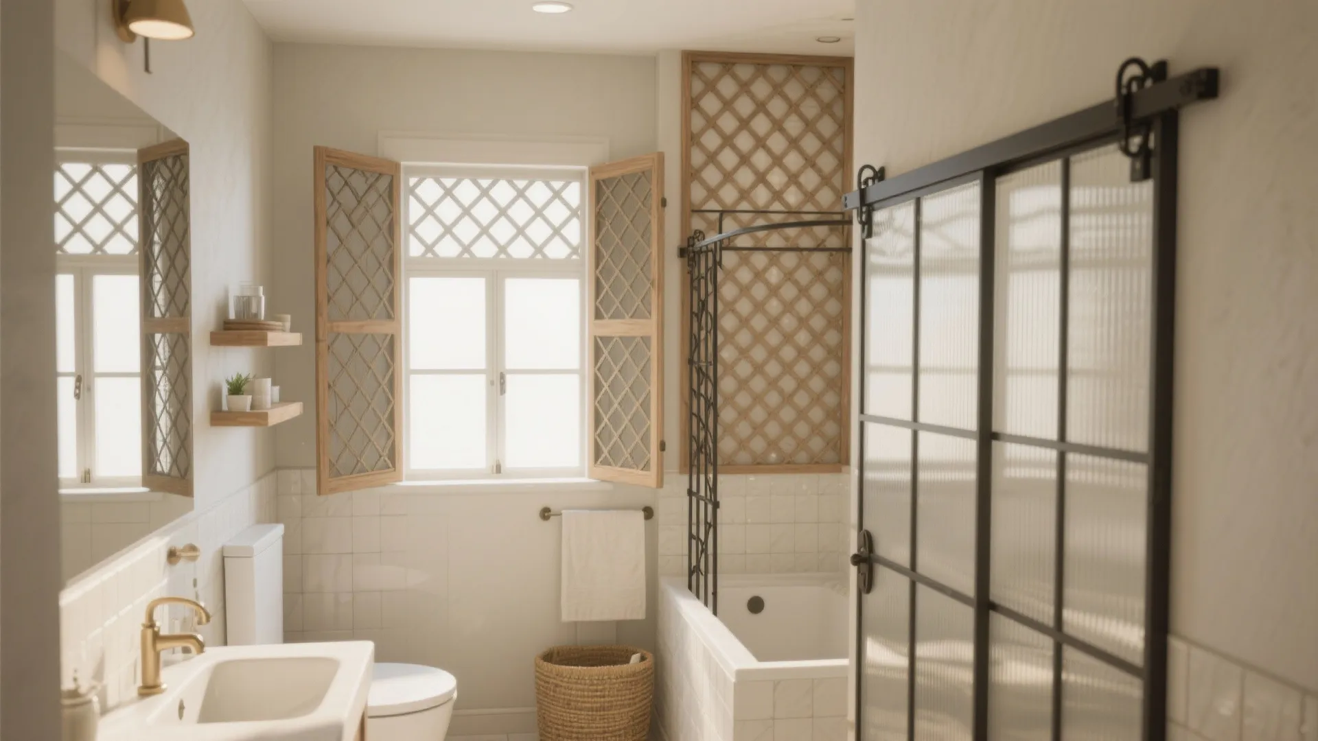 Bright bathroom featuring wooden window shutters and a black framed glass door near the bathtub