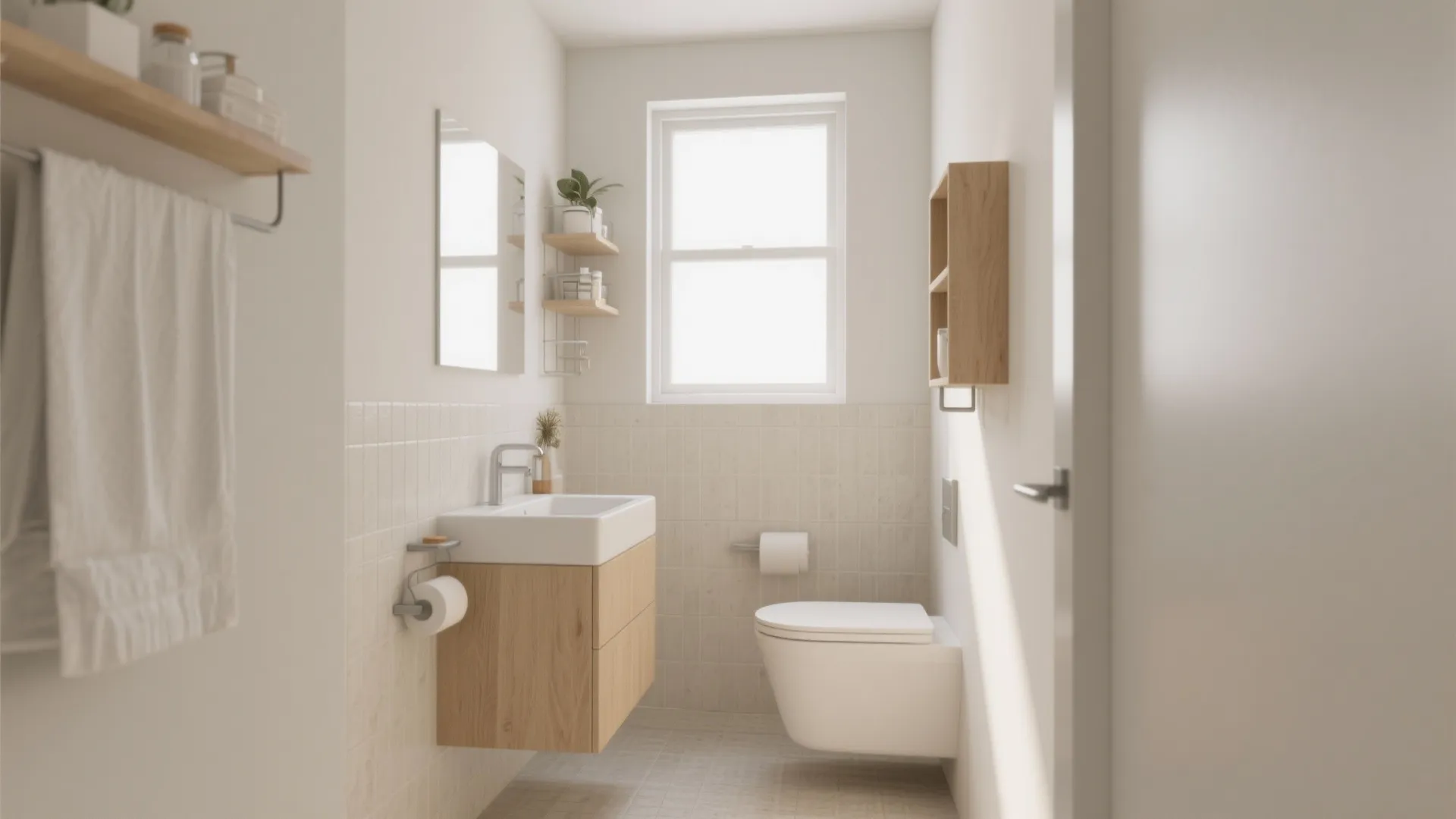 Modern small bathroom with white toilet wooden cabinet sink mirror window and light beige tiles