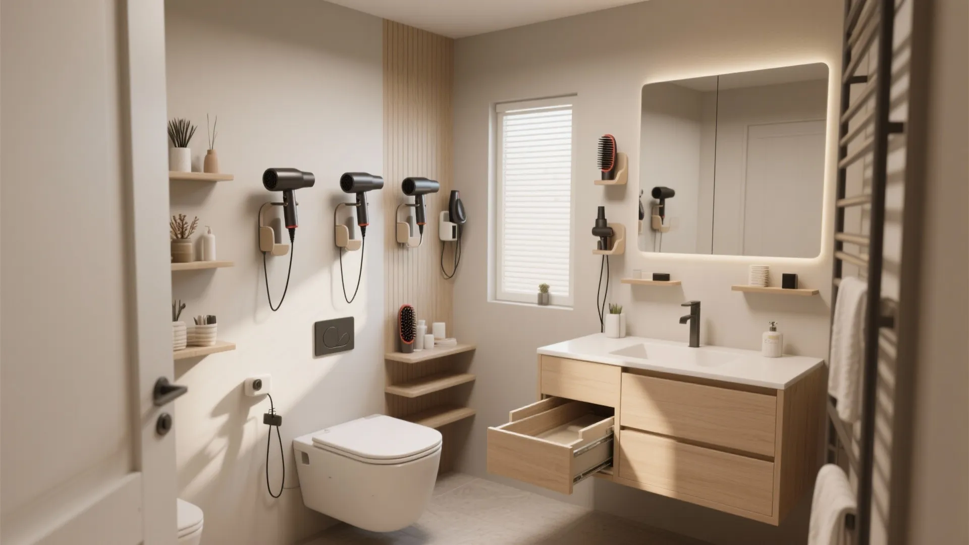 Small bathroom layout with wall mounted hair dryers wooden vanity sink toilet and open drawer