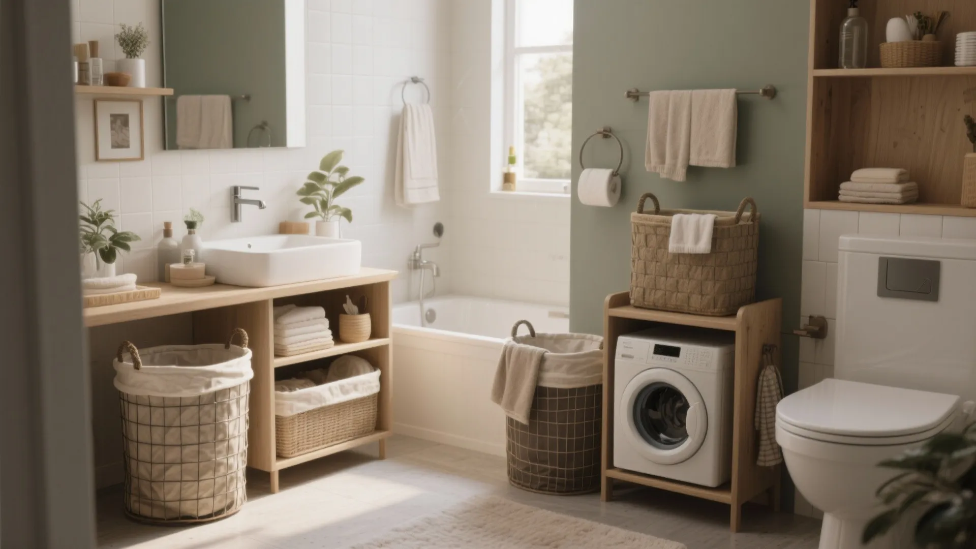 Bright bathroom interior design showing washing machine under wood shelf and several woven laundry baskets