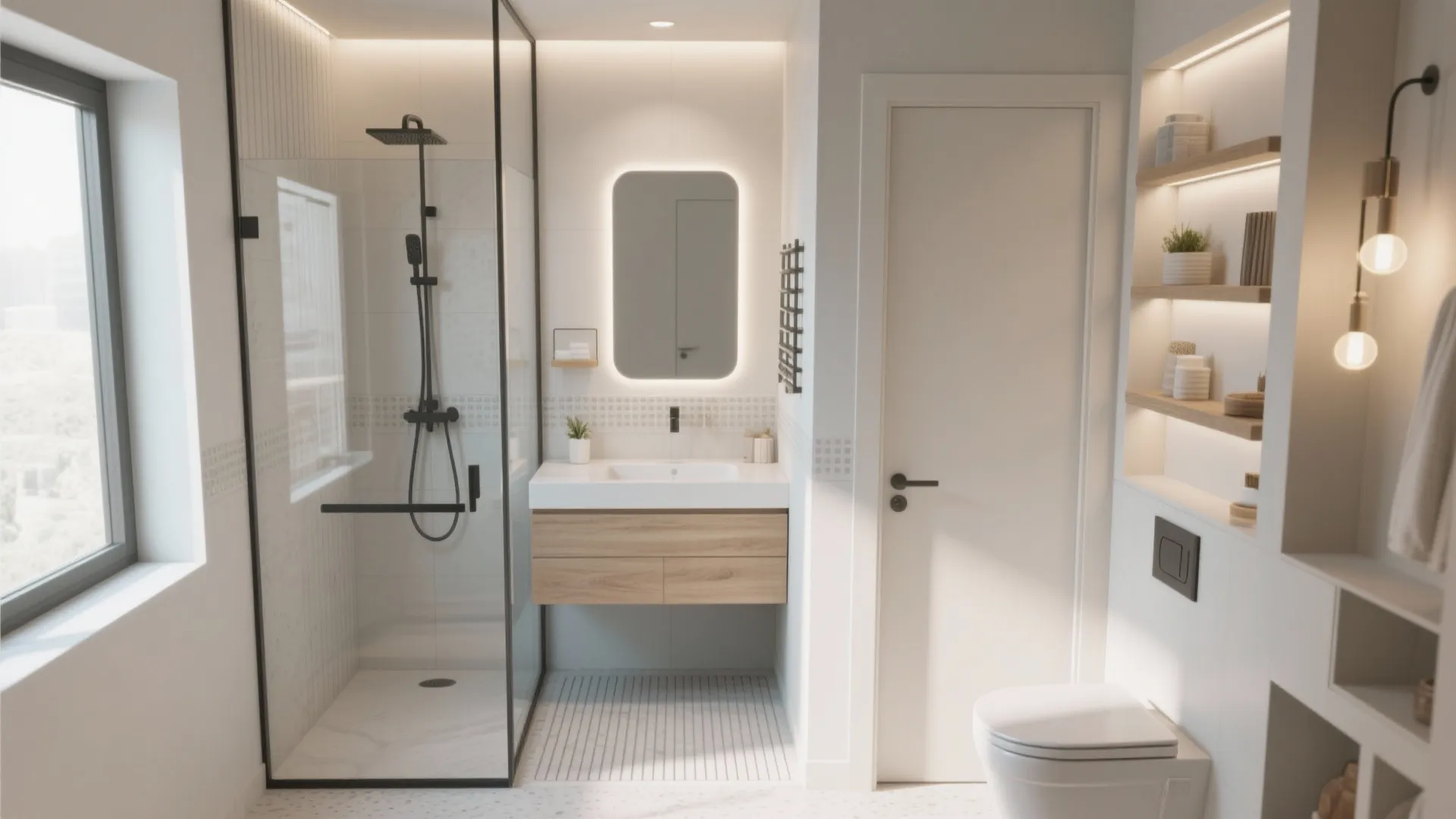 Small modern bathroom with glass shower wood cabinet white toilet wall light and built in shelves