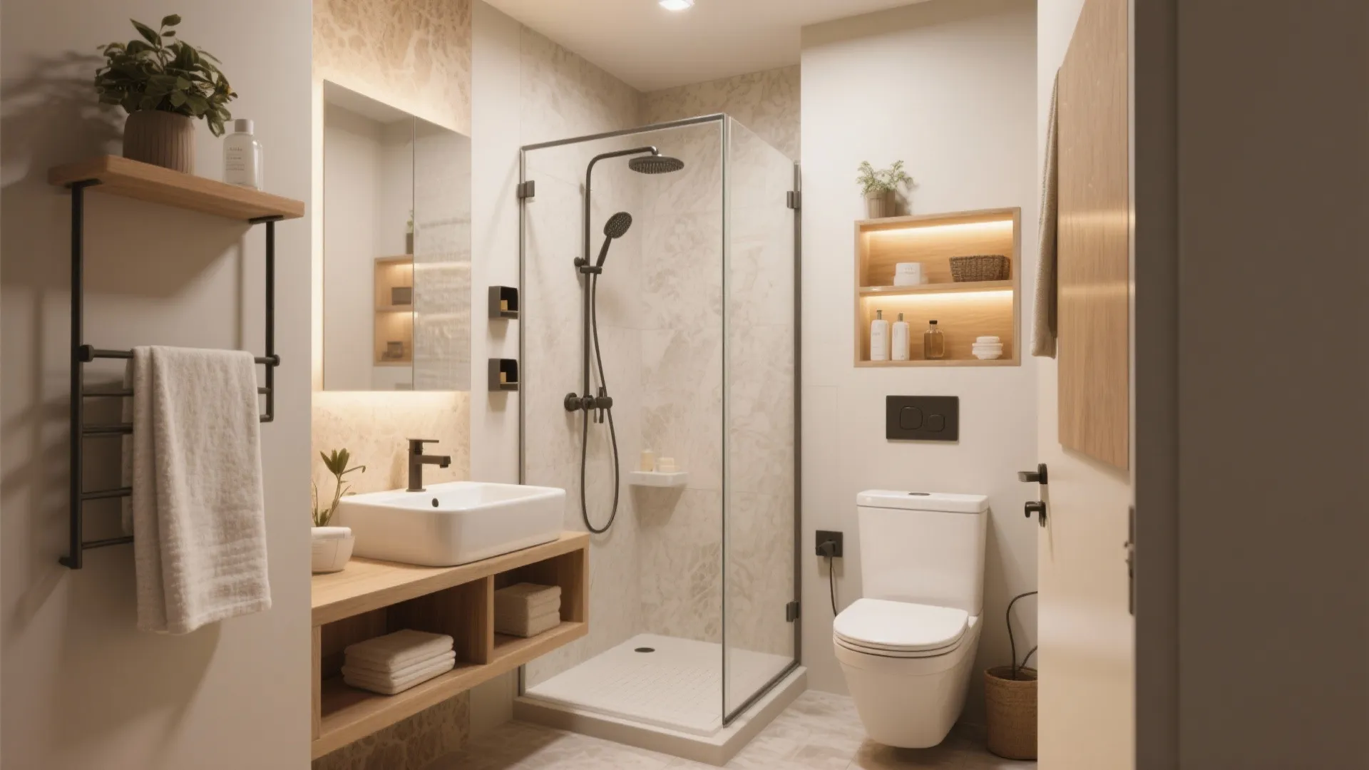 Modern small bathroom with glass walk-in shower white toilet wooden sink cabinet and beige tiles