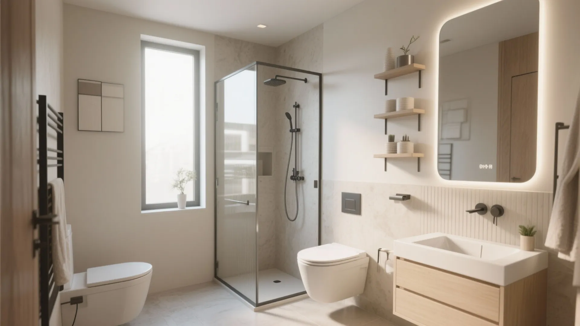 Modern small bathroom with glass shower cabin wall hung toilet wooden cabinet and lighted mirror