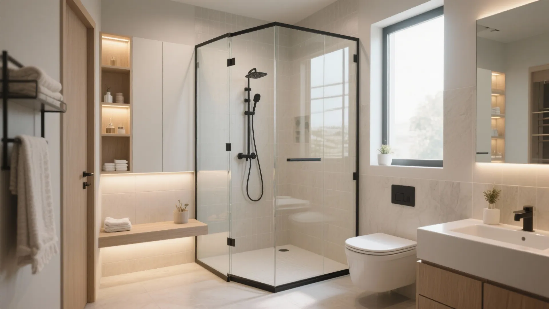 Small modern bathroom with black framed glass shower box wooden vanity and warm integrated shelf lighting