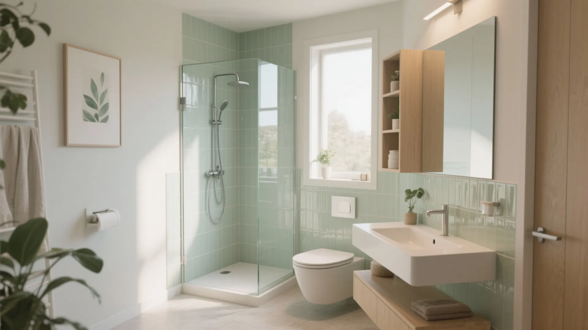 Modern small bathroom with light green tiles glass shower door white toilet and wooden sink cabinet