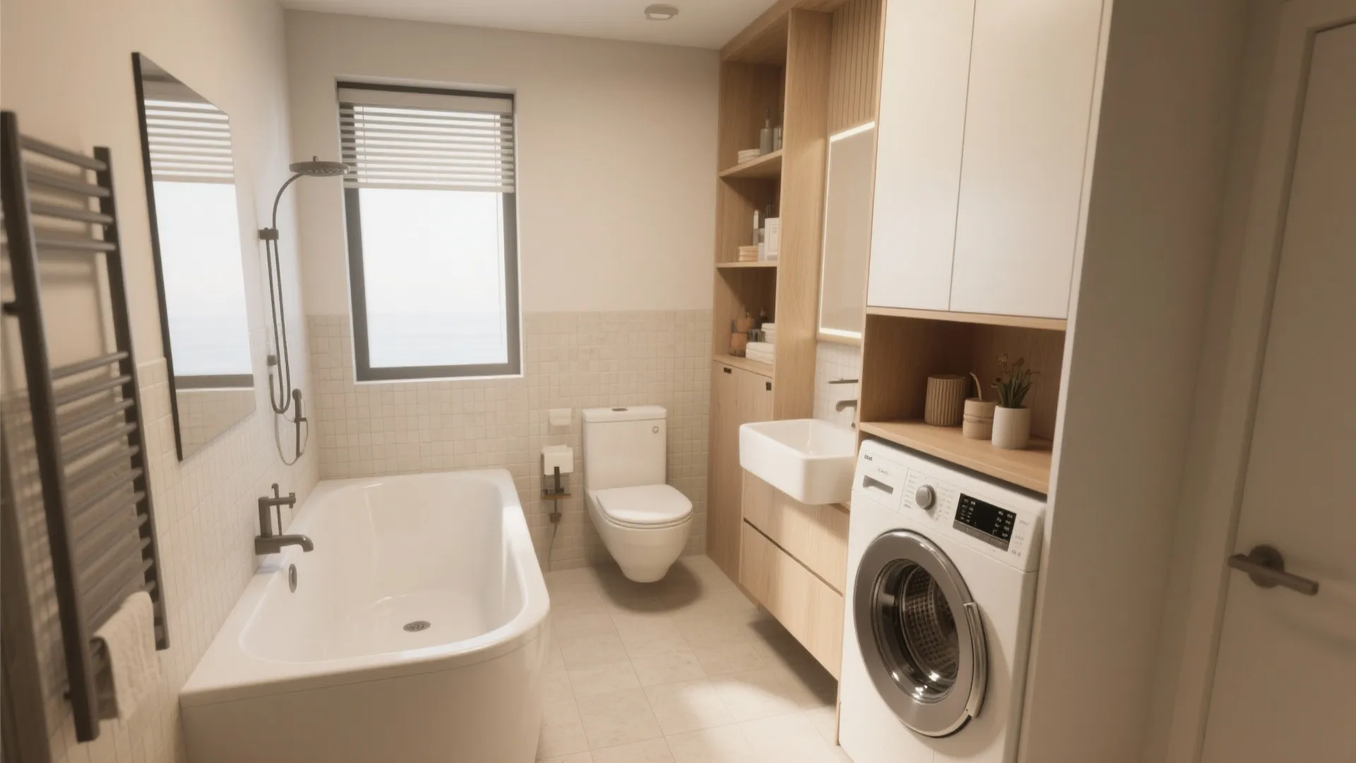 Small functional bathroom design with white bathtub toilet washing machine wood cabinets and warm lighting