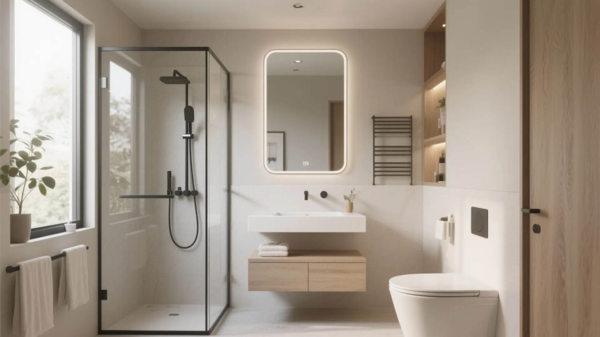 Modern bathroom with glass shower door light wood cabinet white toilet and lighted wall mirror