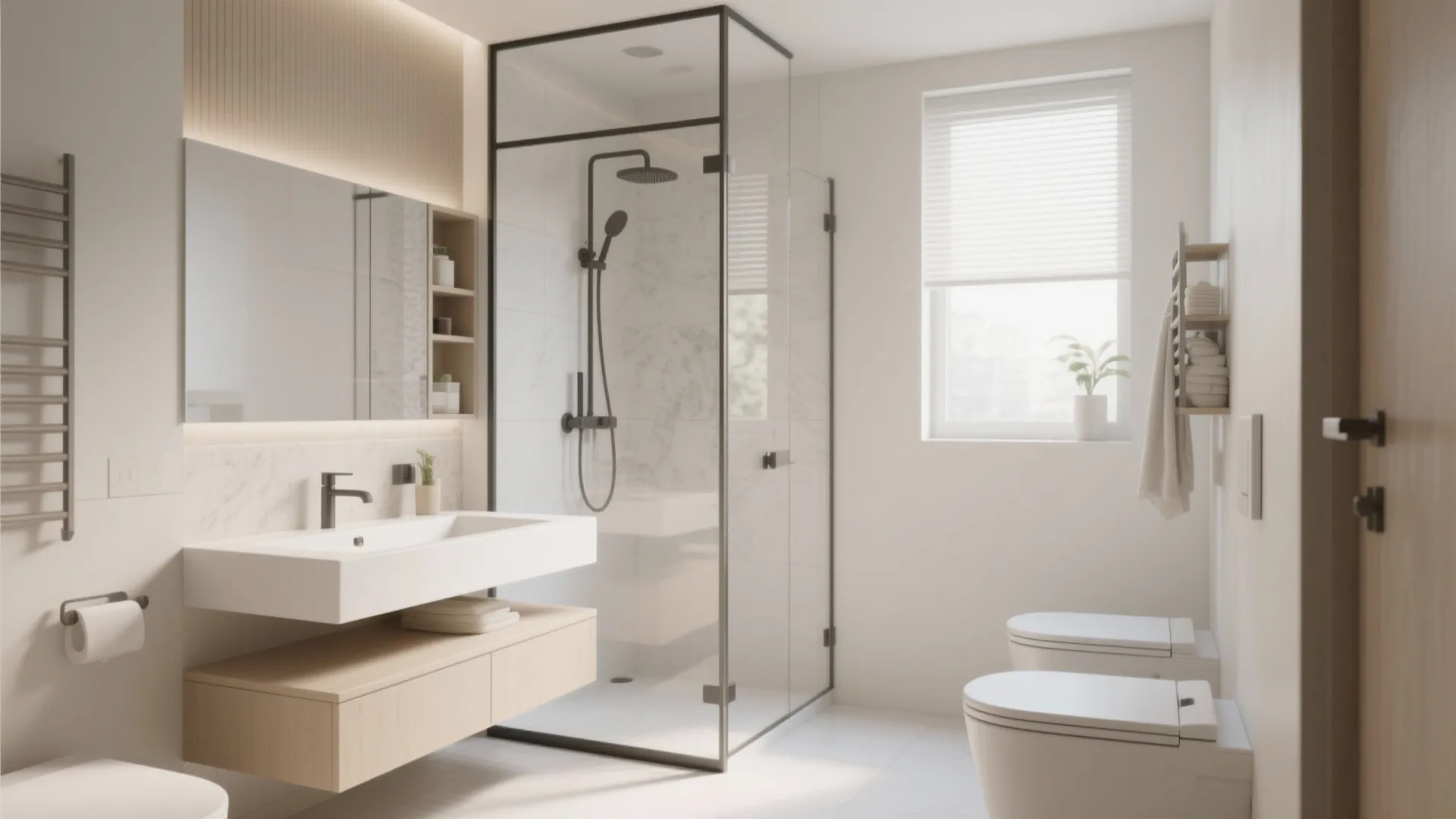 Modern bathroom featuring white sink wooden cabinet glass shower black frame two toilets and window