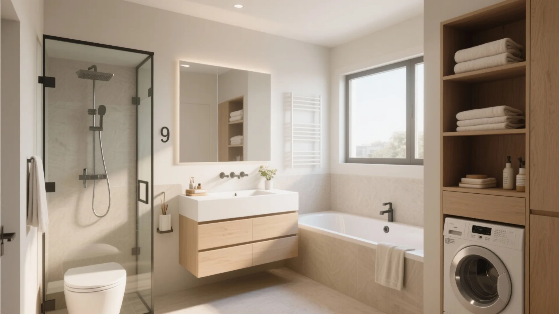 Modern bright bathroom featuring glass shower toilet wooden sink cabinet bathtub window and washing machine setup