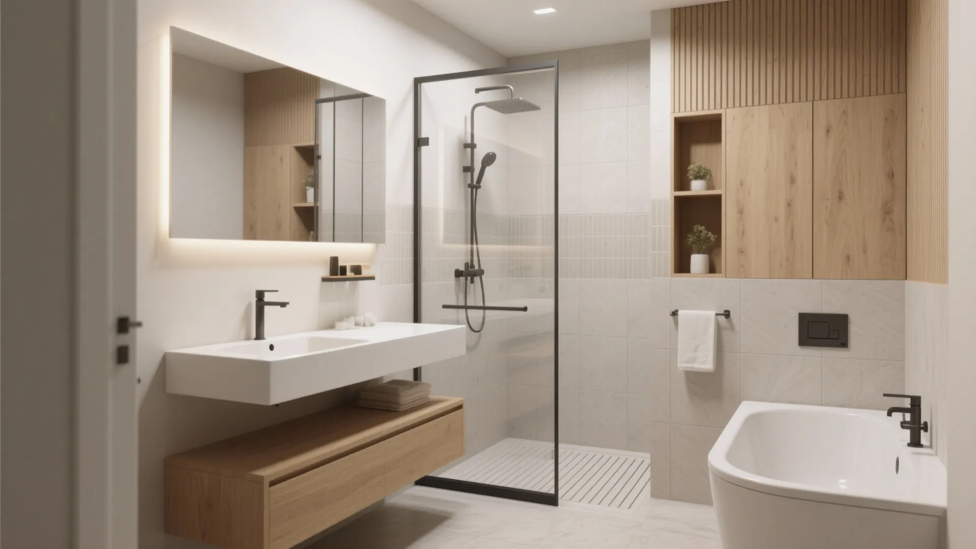 Modern bathroom showing white sink wood cabinet glass shower bathtub and light wood wall panels