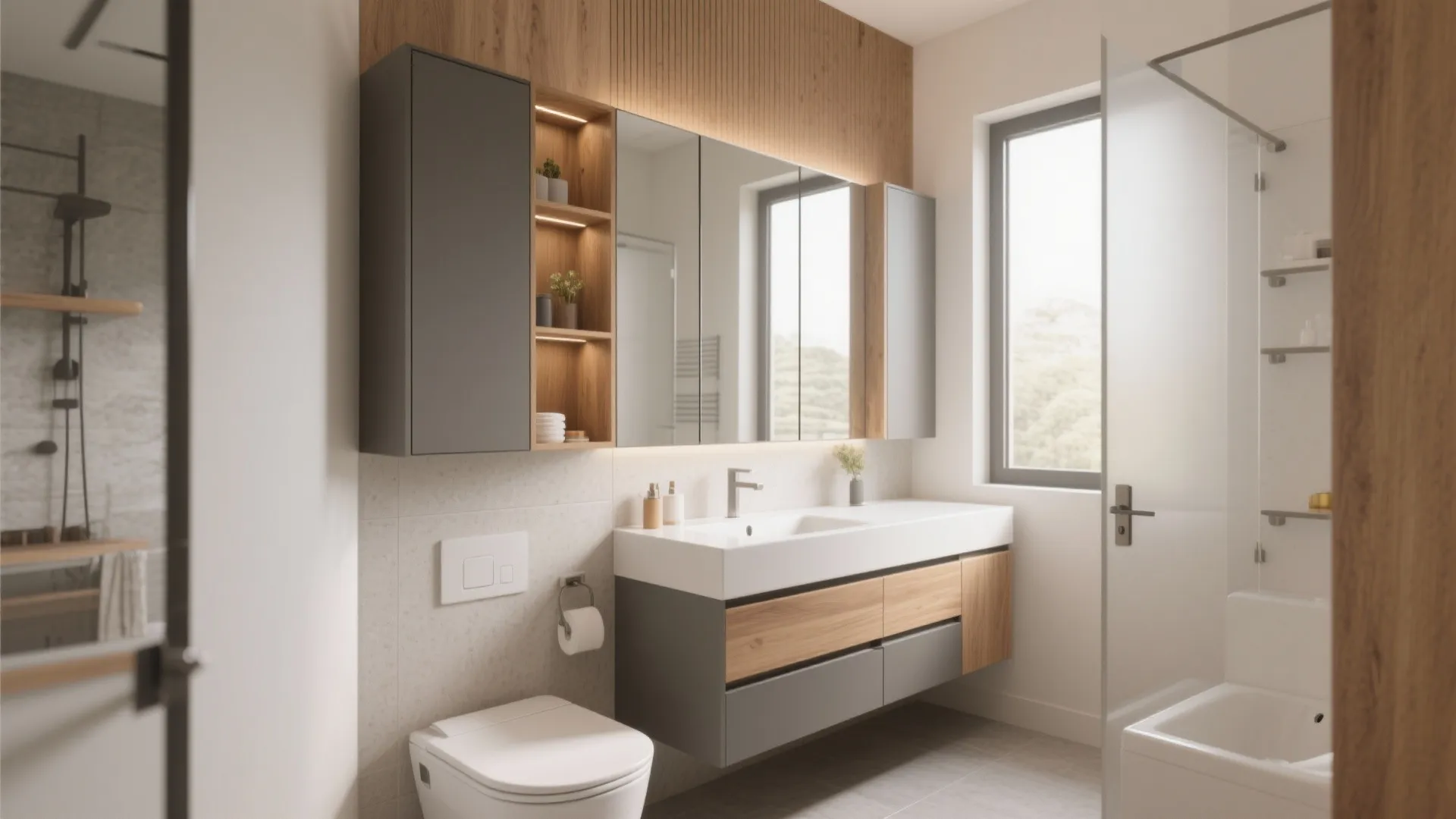 Small modern bathroom featuring grey and wood cabinets mirror with light and white wall toilet
