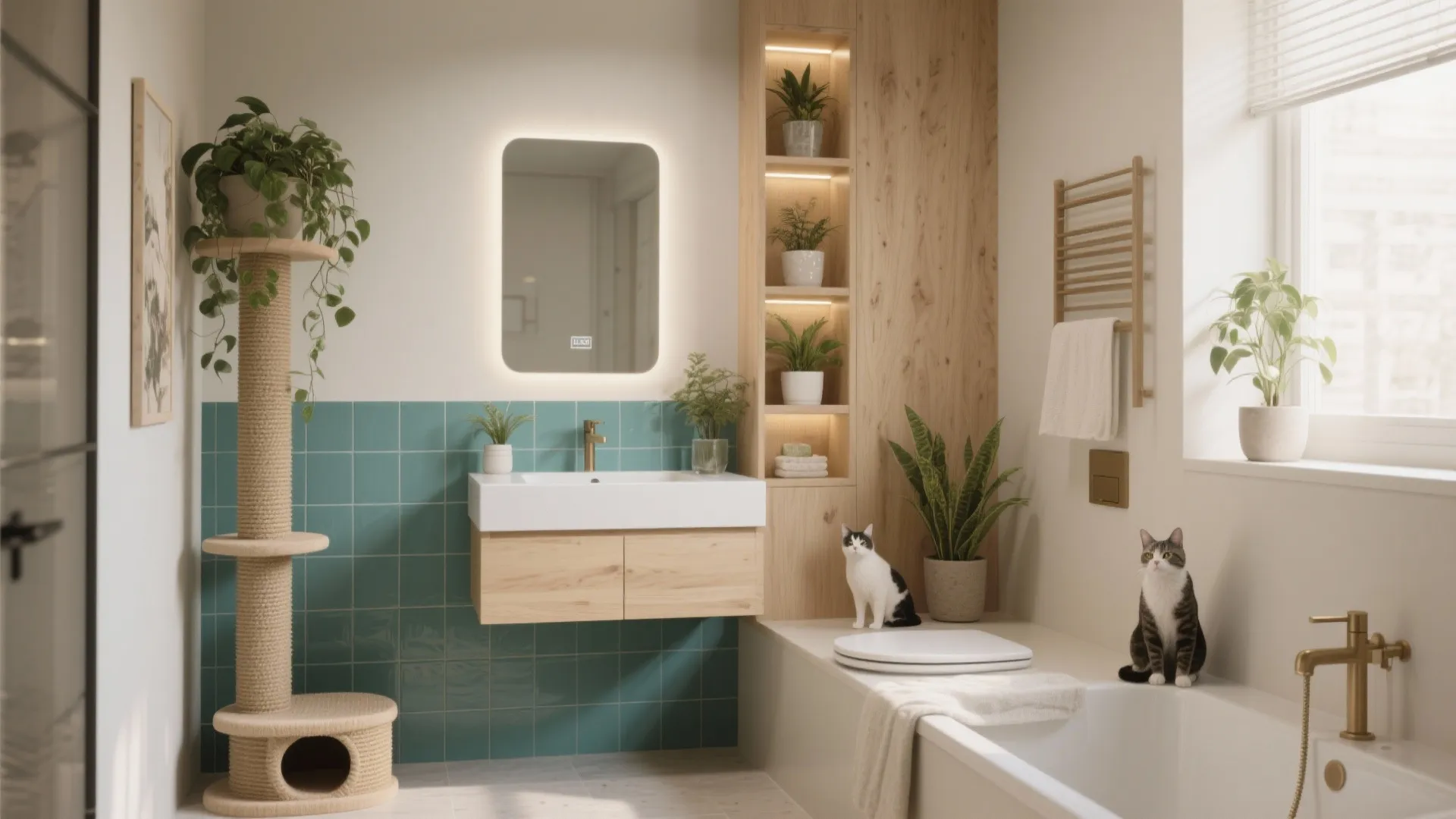Pet friendly bathroom featuring cats, wooden cabinet, lighted mirror, teal tiles, bathtub, and cat tree