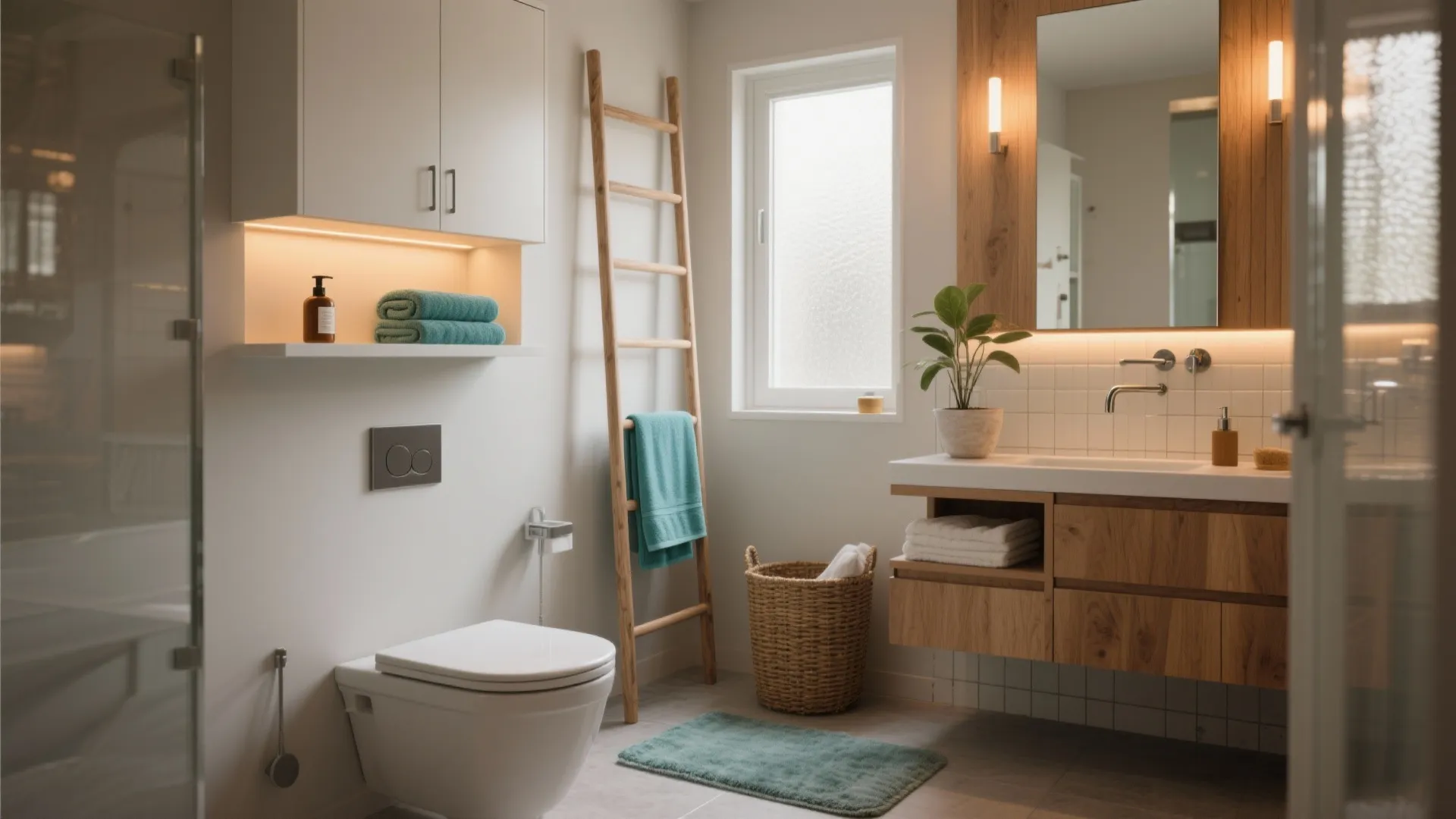 Modern bathroom with wooden cabinet white toilet towel ladder green rug and mirror with lights