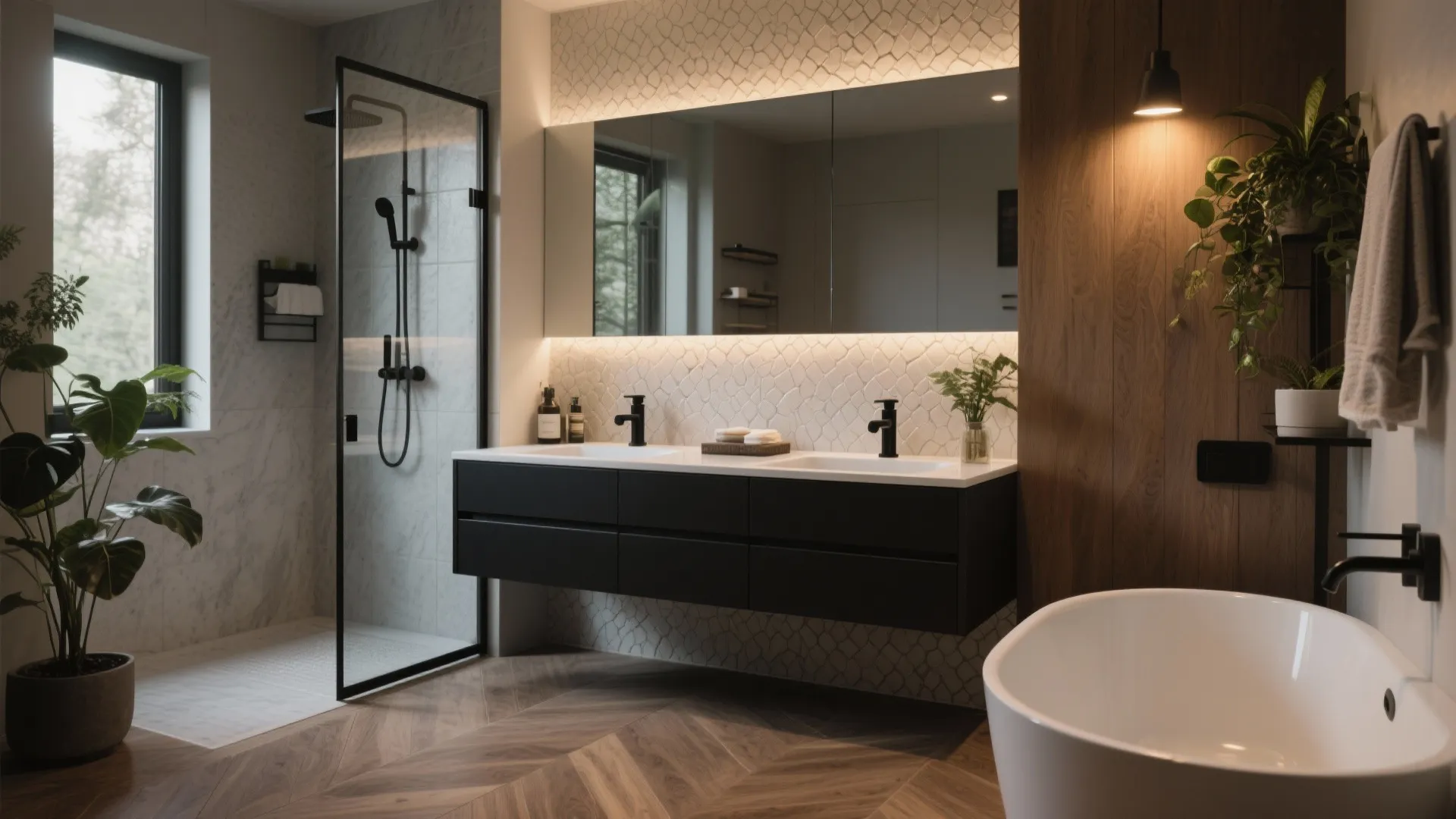 Modern master bathroom with black cabinet white double sinks wood floor bathtub and glass shower