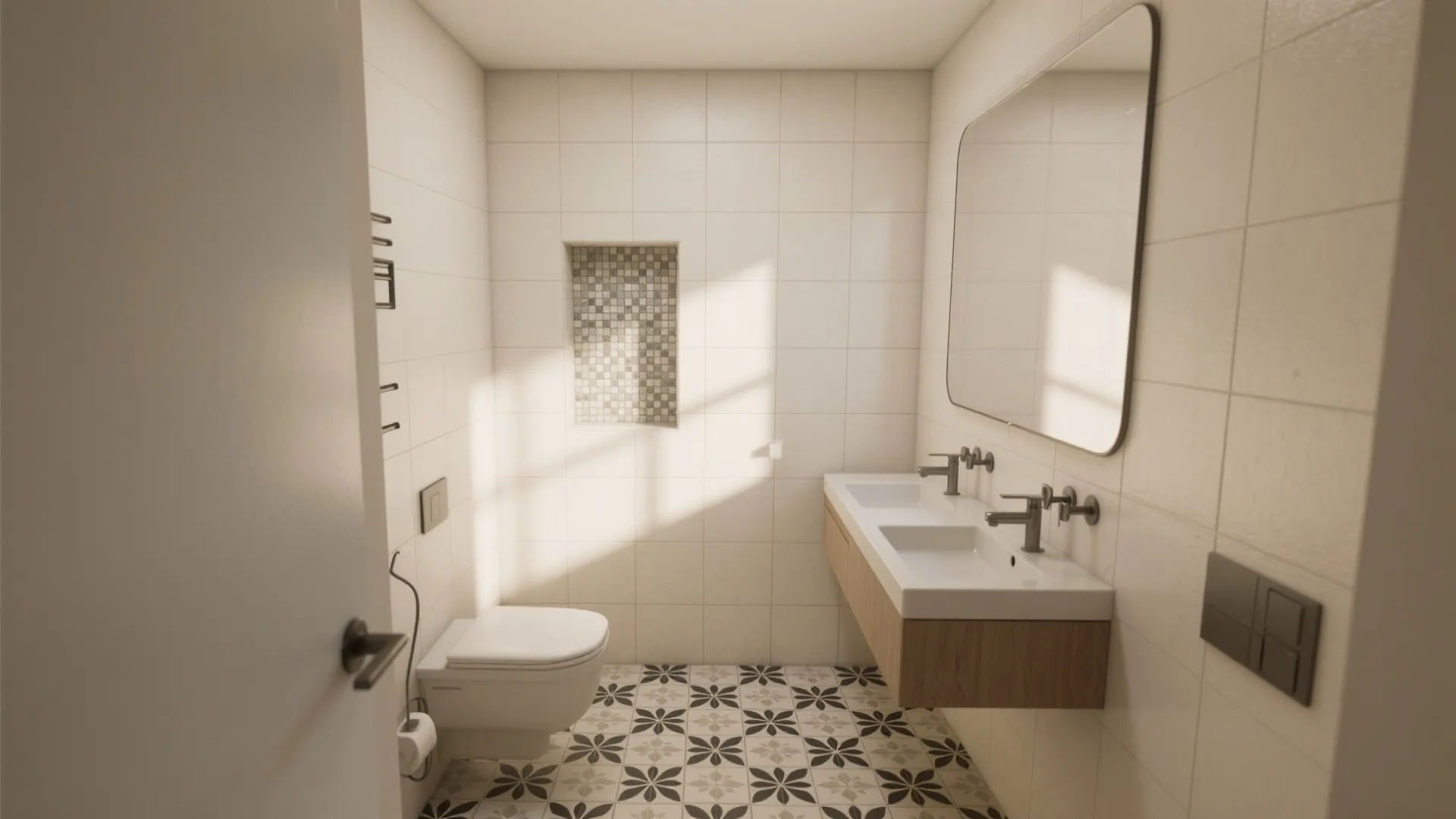 Modern small bathroom with white wall tiles floral floor patterns wooden cabinet and double sinks