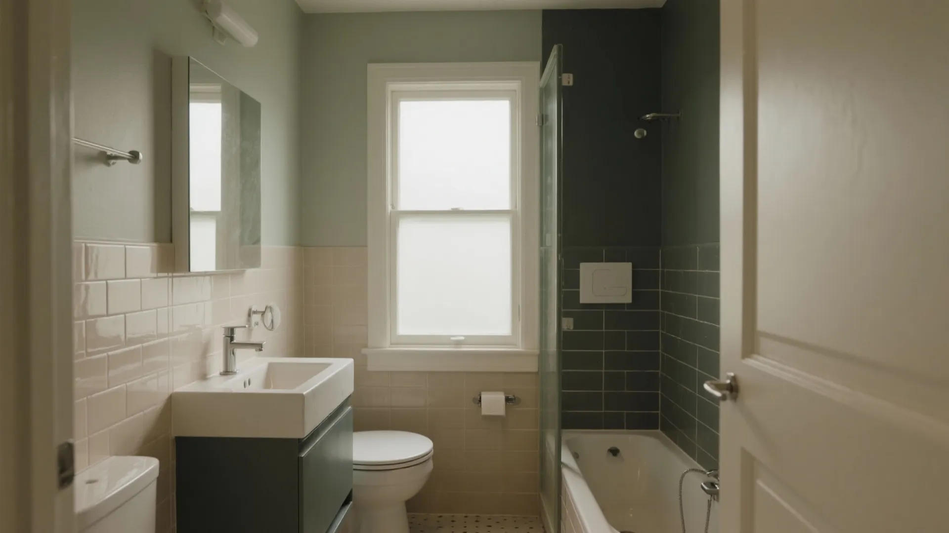 Small modern bathroom with beige tiles white bathtub a sink and a white roof window