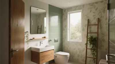 Serene Bathroom Design with Green Tiles and Botanical Wallpaper