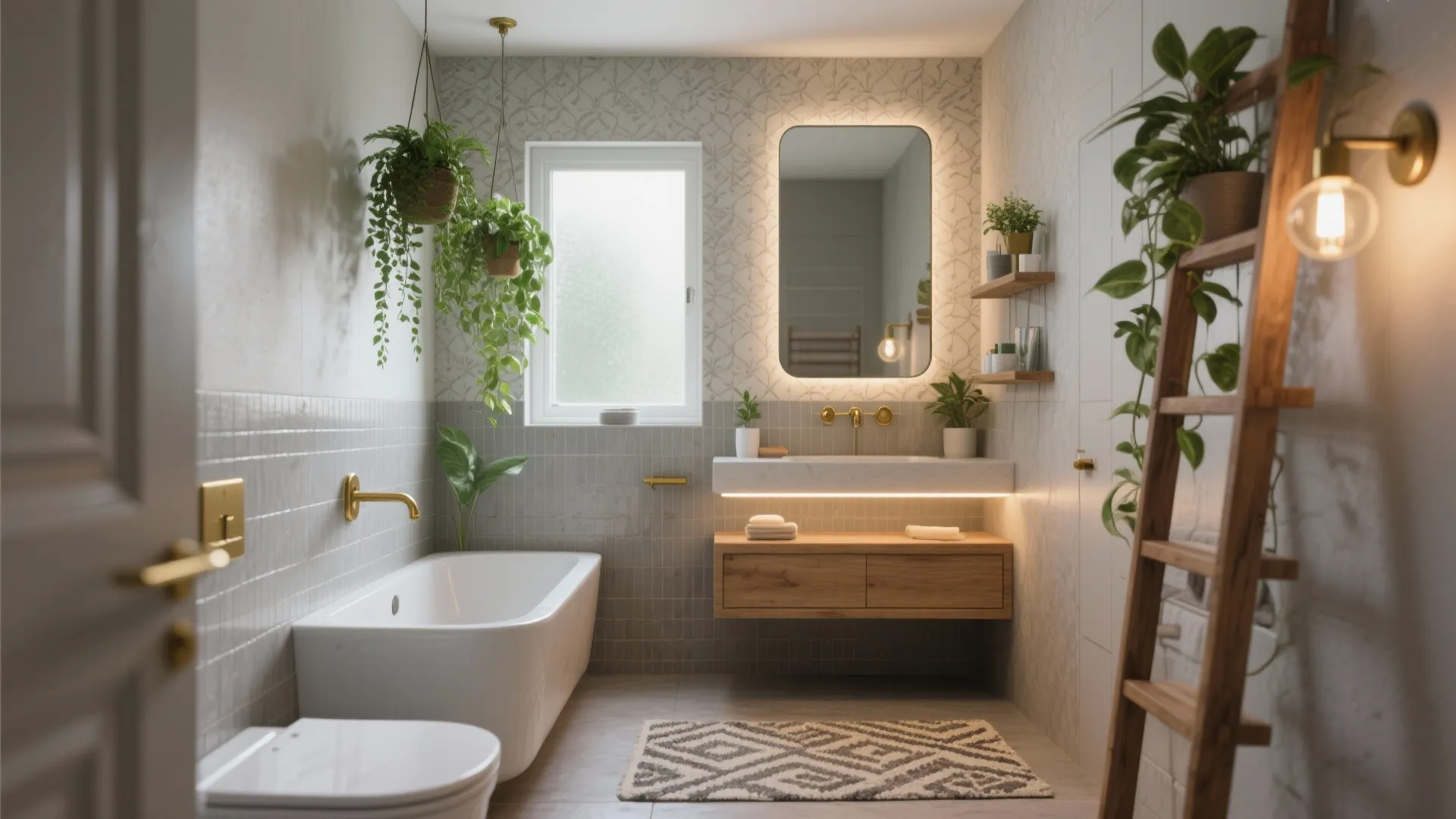 Bright bathroom with white bathtub hanging green plants wood ladder shelf and small glowing mirror