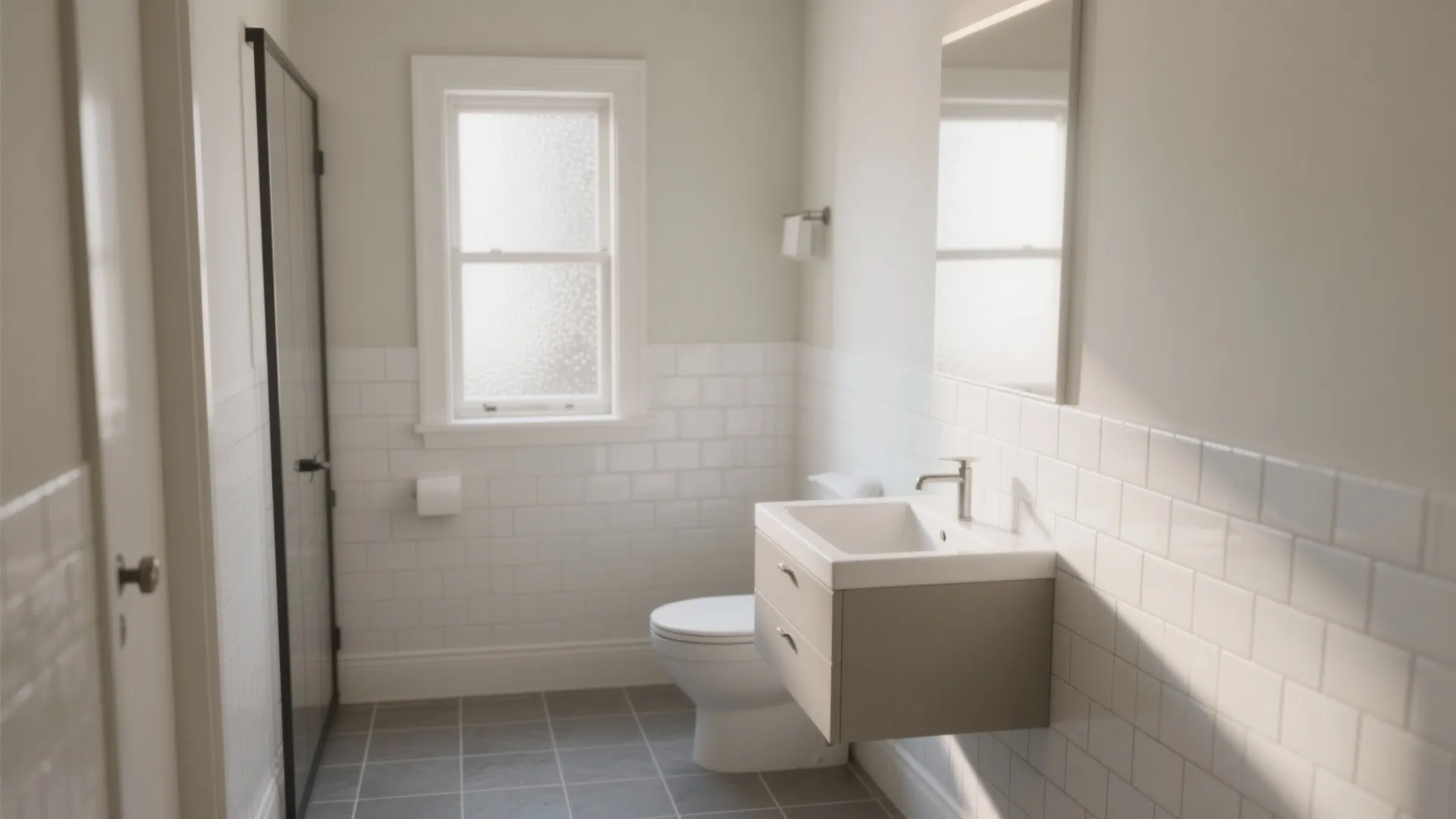 Small bright bathroom with white brick wall tiles, floating cabinet, toilet, mirror, and small window