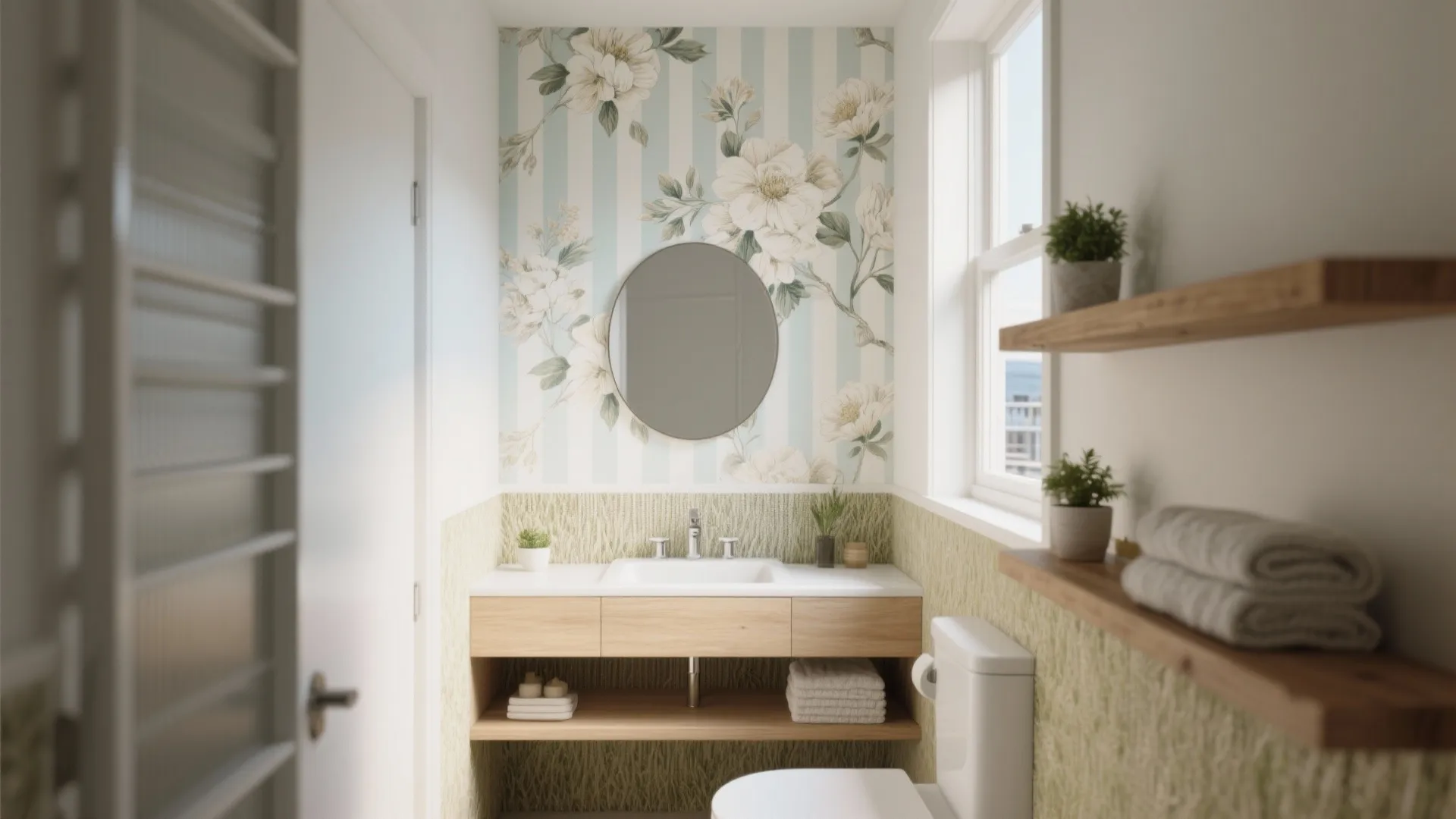 Small bathroom with floral wallpaper round mirror wood cabinet white sink toilet and natural window light