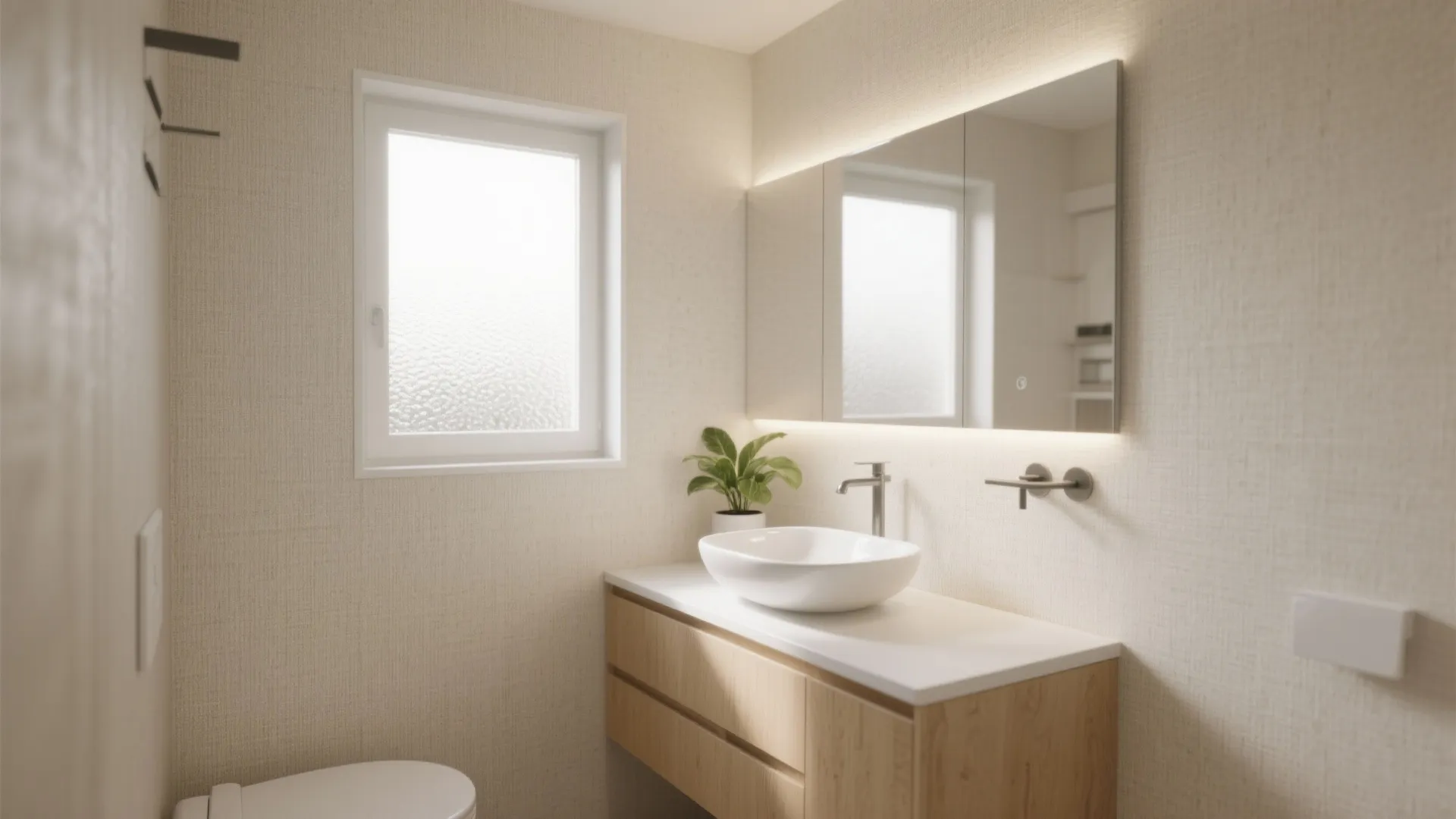 Bright modern bathroom featuring a wooden cabinet white sink large mirror and a small window