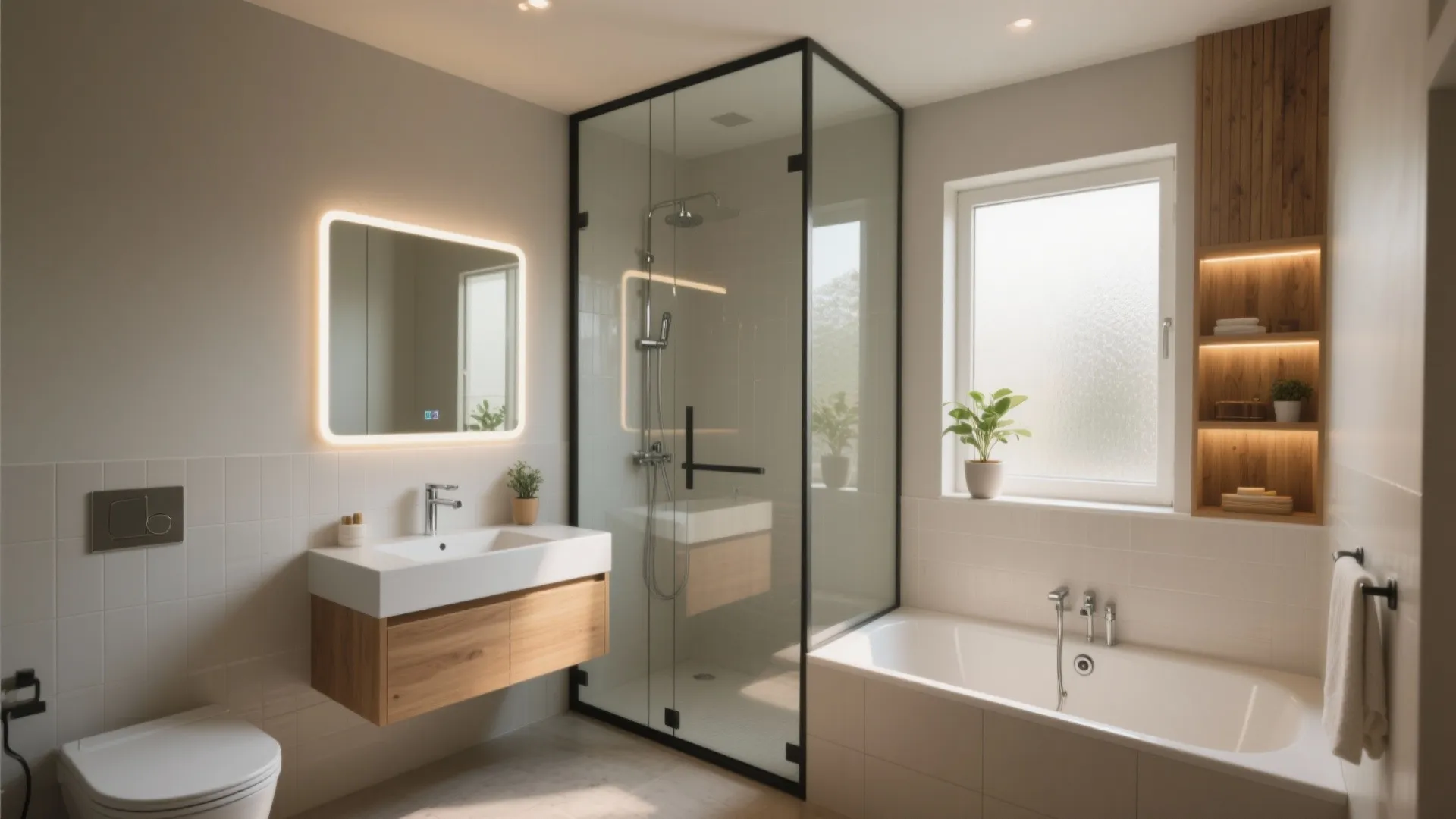 Modern bathroom with glass shower door white bathtub floating sink wood cabinet and lighted mirror