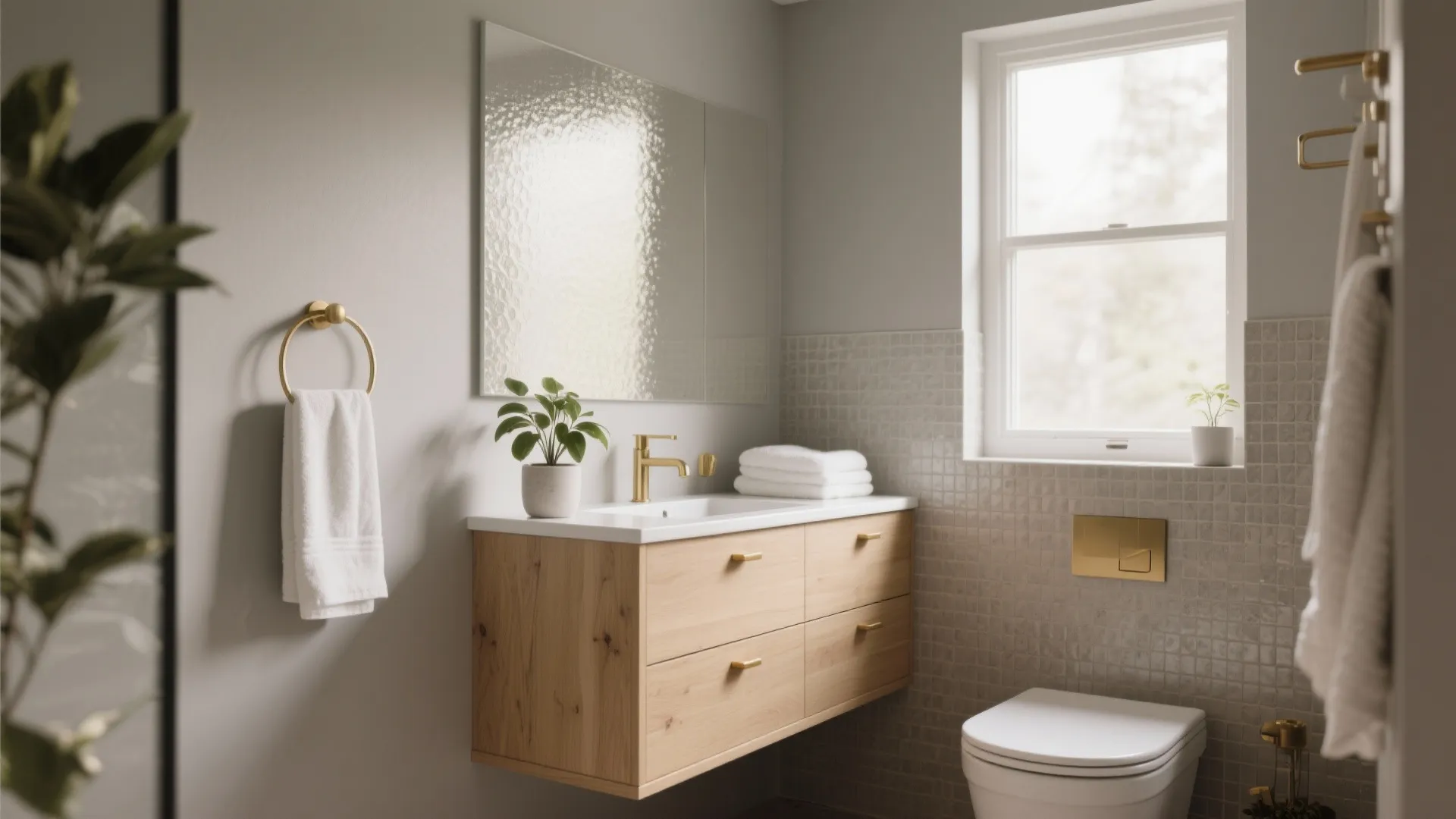 Modern small bathroom featuring wood cabinet gold faucet white sink and window with natural light