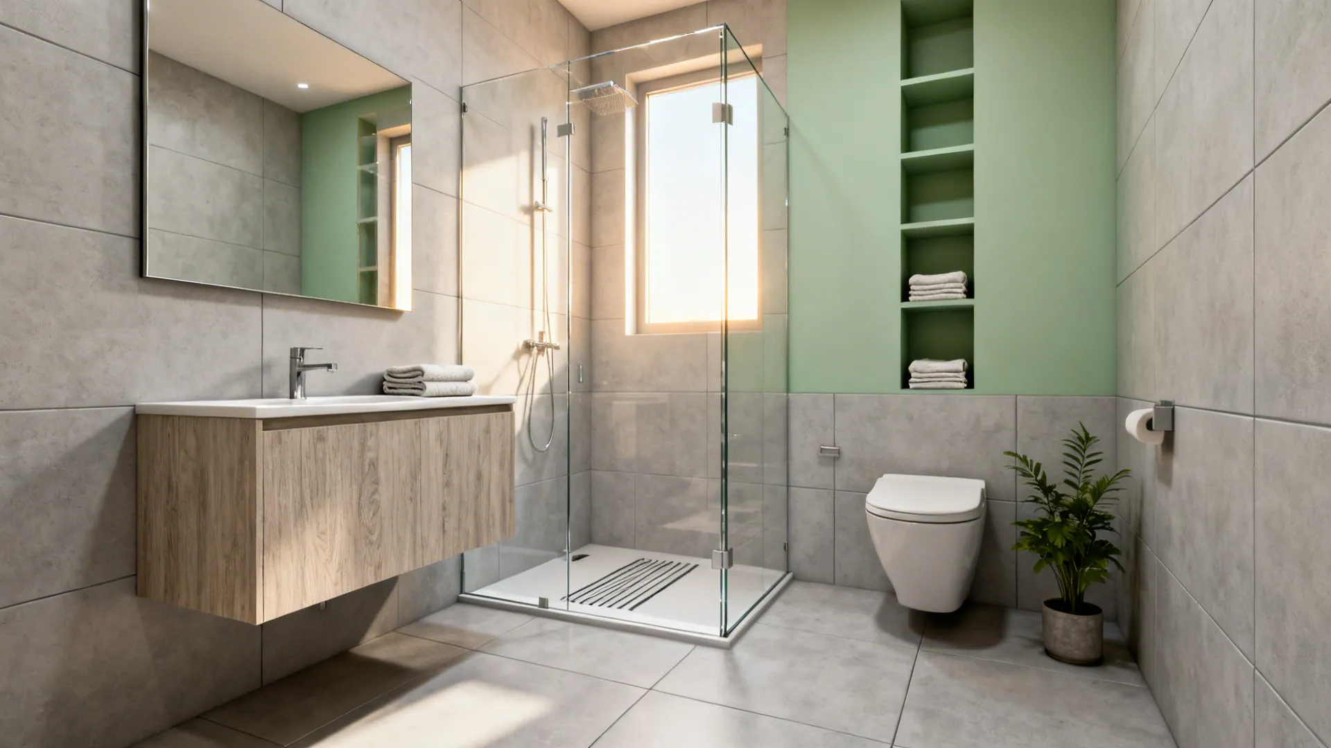 Modern bathroom with grey wall tiles glass shower wood cabinet green wall and potted plant