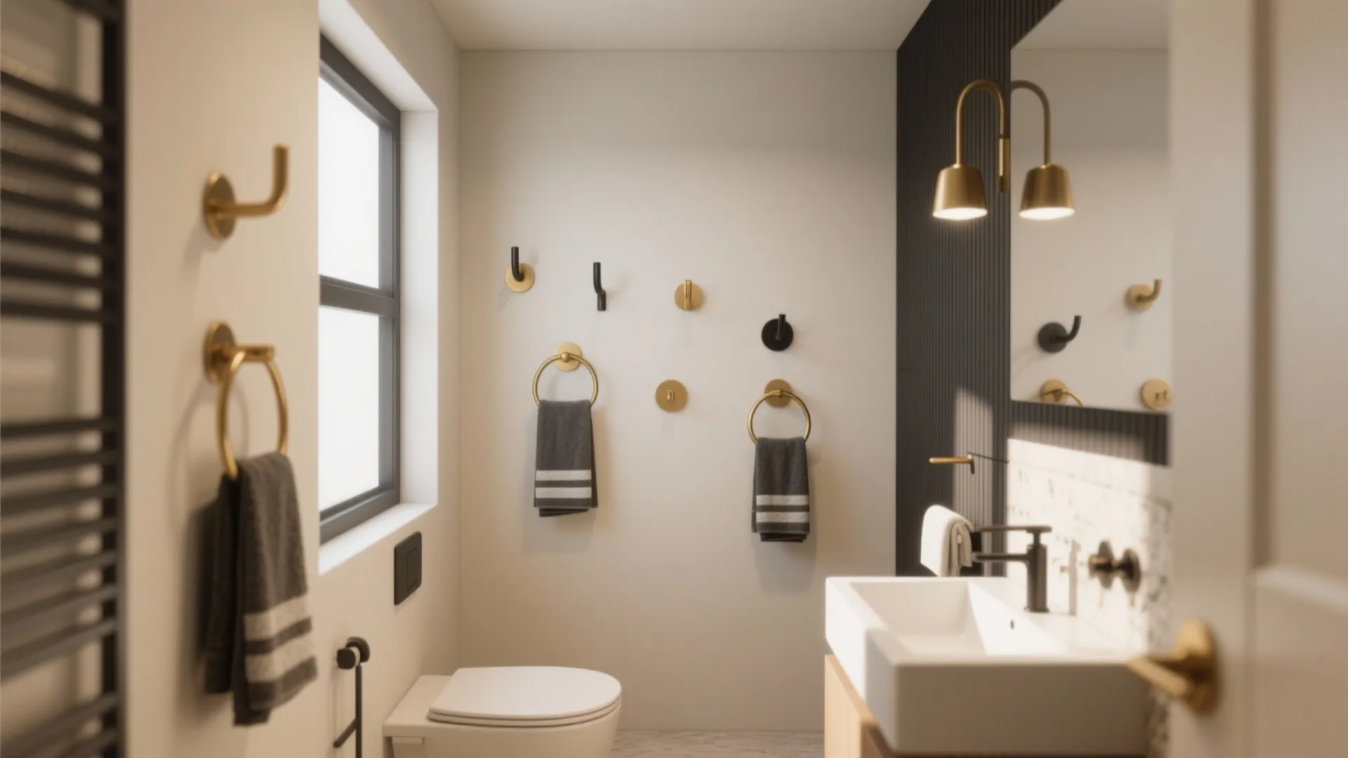 Modern bathroom interior showing gold and black wall hooks with grey towels beside a white sink