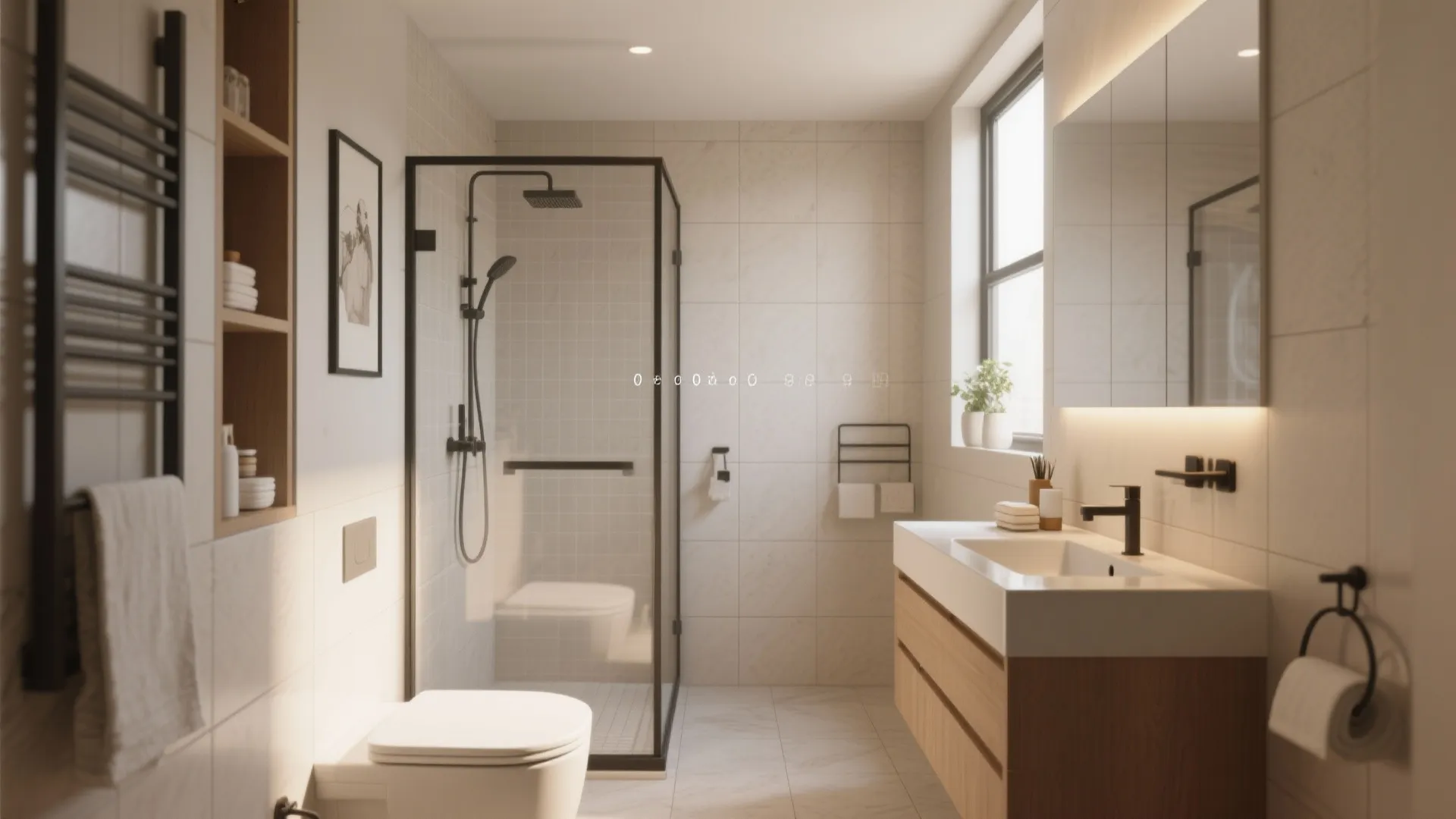 Modern bathroom with glass shower door white toilet wooden sink cabinet mirror and natural light
