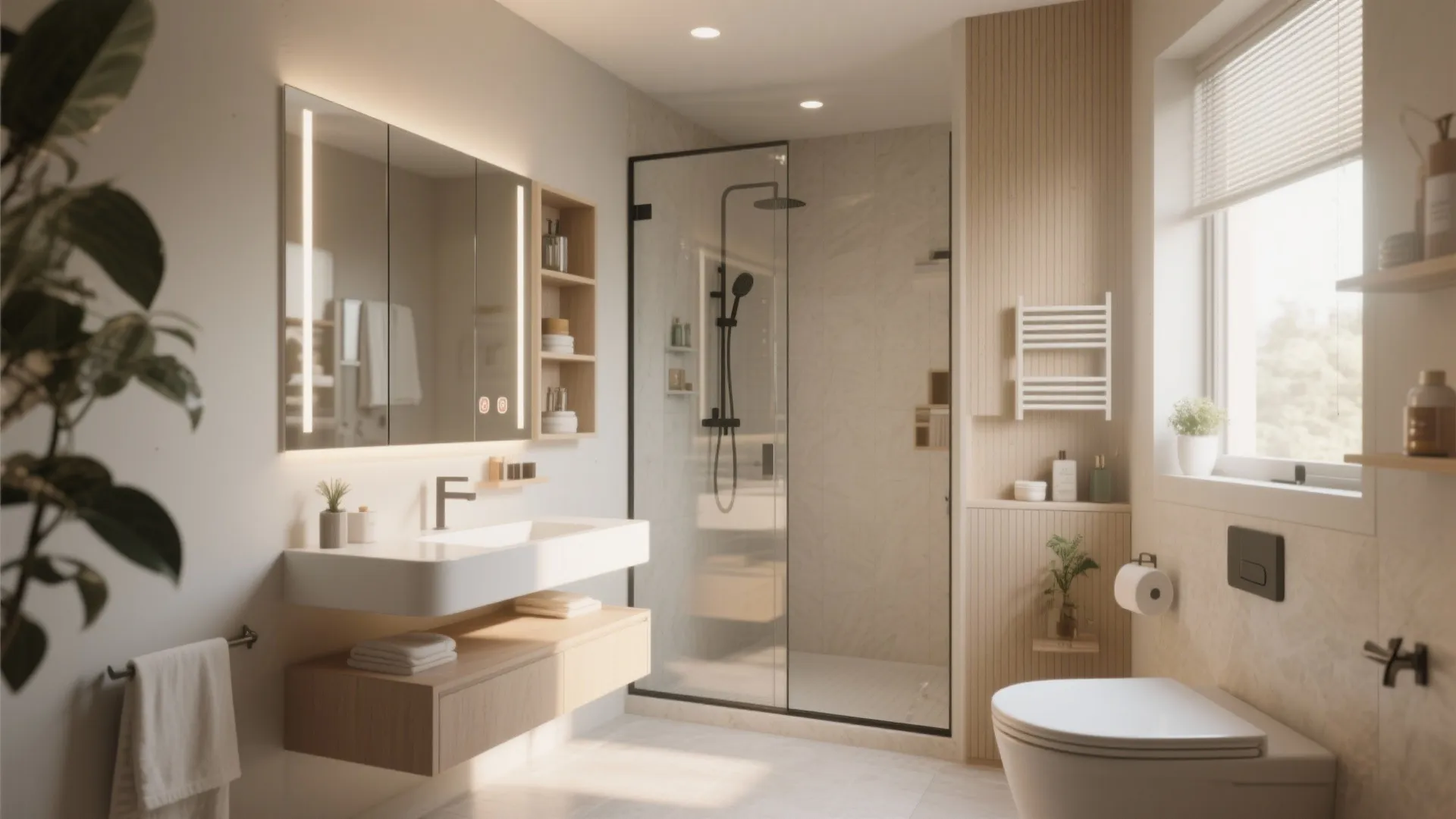 Modern small bathroom with a white sink wooden cabinet glass shower door and white toilet