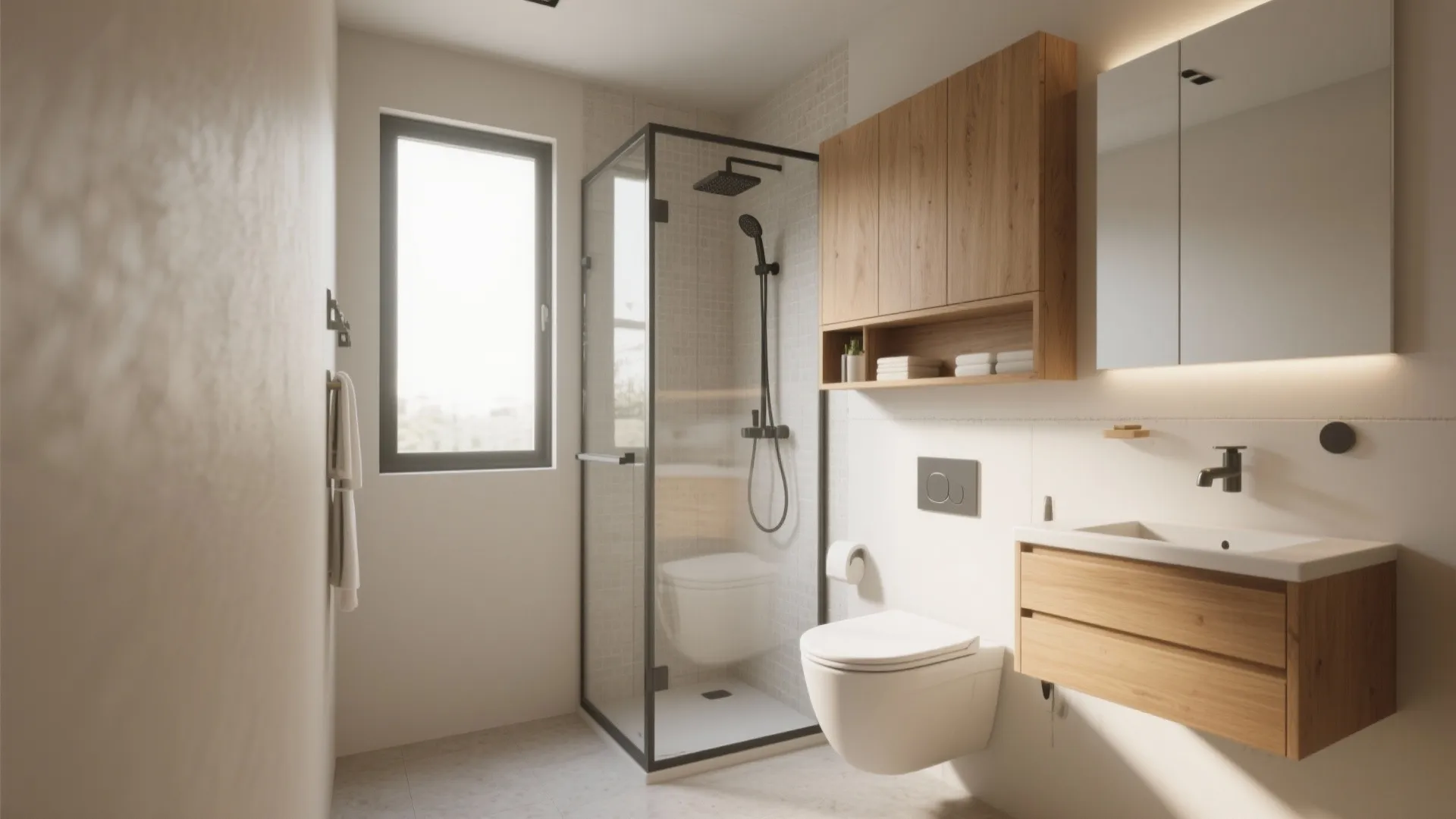 Bright small bathroom featuring glass shower cabin wood wall cabinet white toilet and wooden vanity