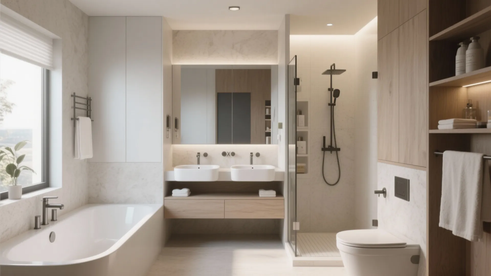 Modern bathroom with white bathtub double sinks large mirror glass shower door and wood cabinet