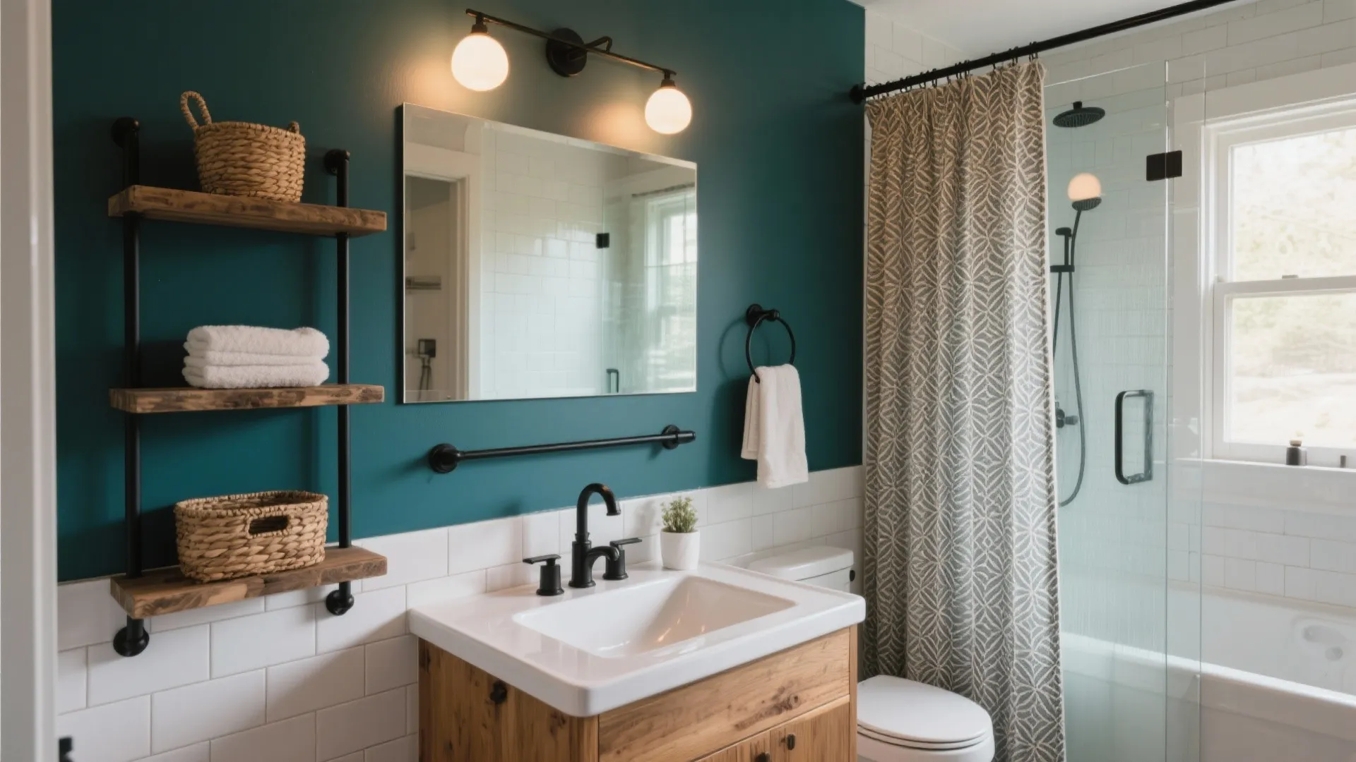 Small bathroom with dark green wall wooden vanity white sink and shower with patterned curtain