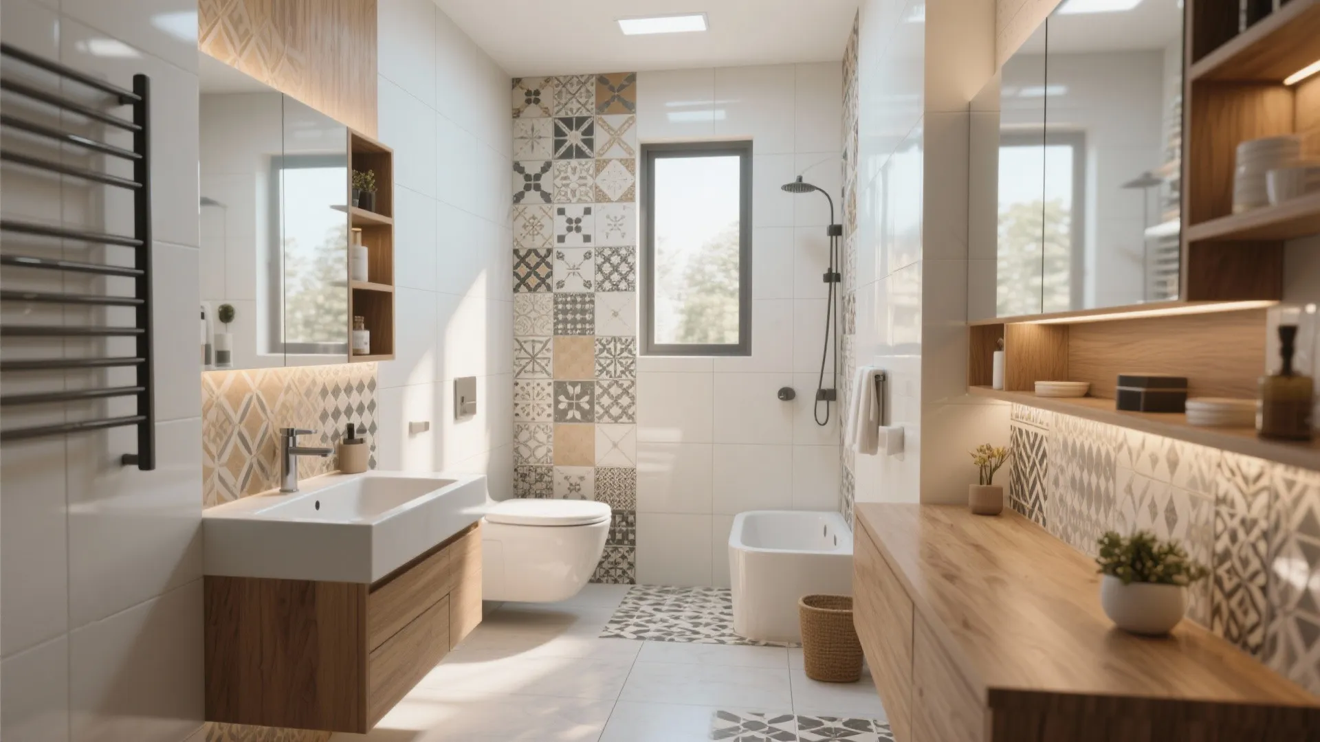 Modern bathroom with patterned wall tiles, wooden vanity, white toilet, small bathtub and bright light