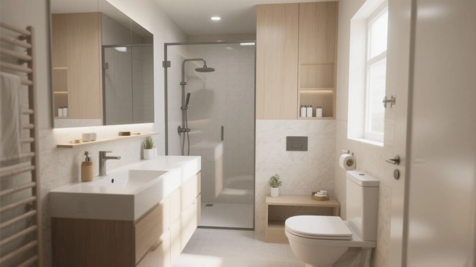 Modern bathroom with double sink cabinet glass shower toilet wooden shelves and large mirror design