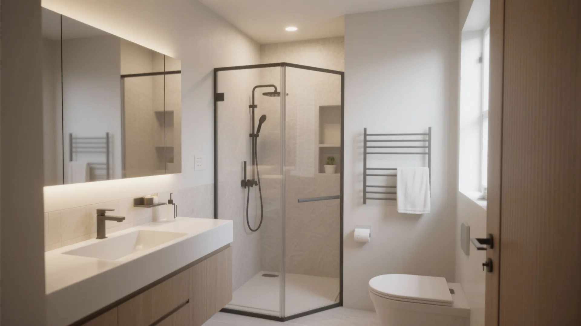 Small modern bathroom featuring a glass shower white sink wooden cabinet toilet and towel rack