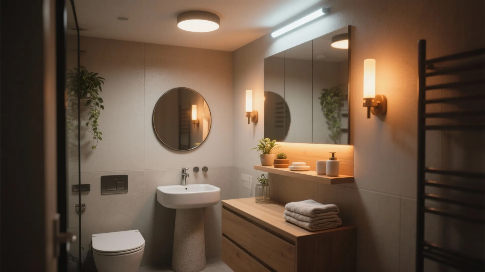 Modern bathroom with wood cabinet round mirror wall light ceiling light and a white toilet